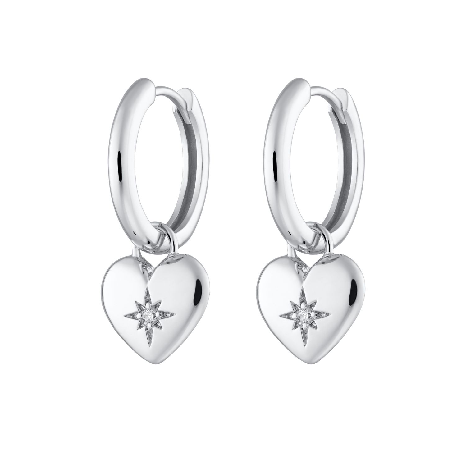 Silver Puffed Heart Charm Hoop Earrings