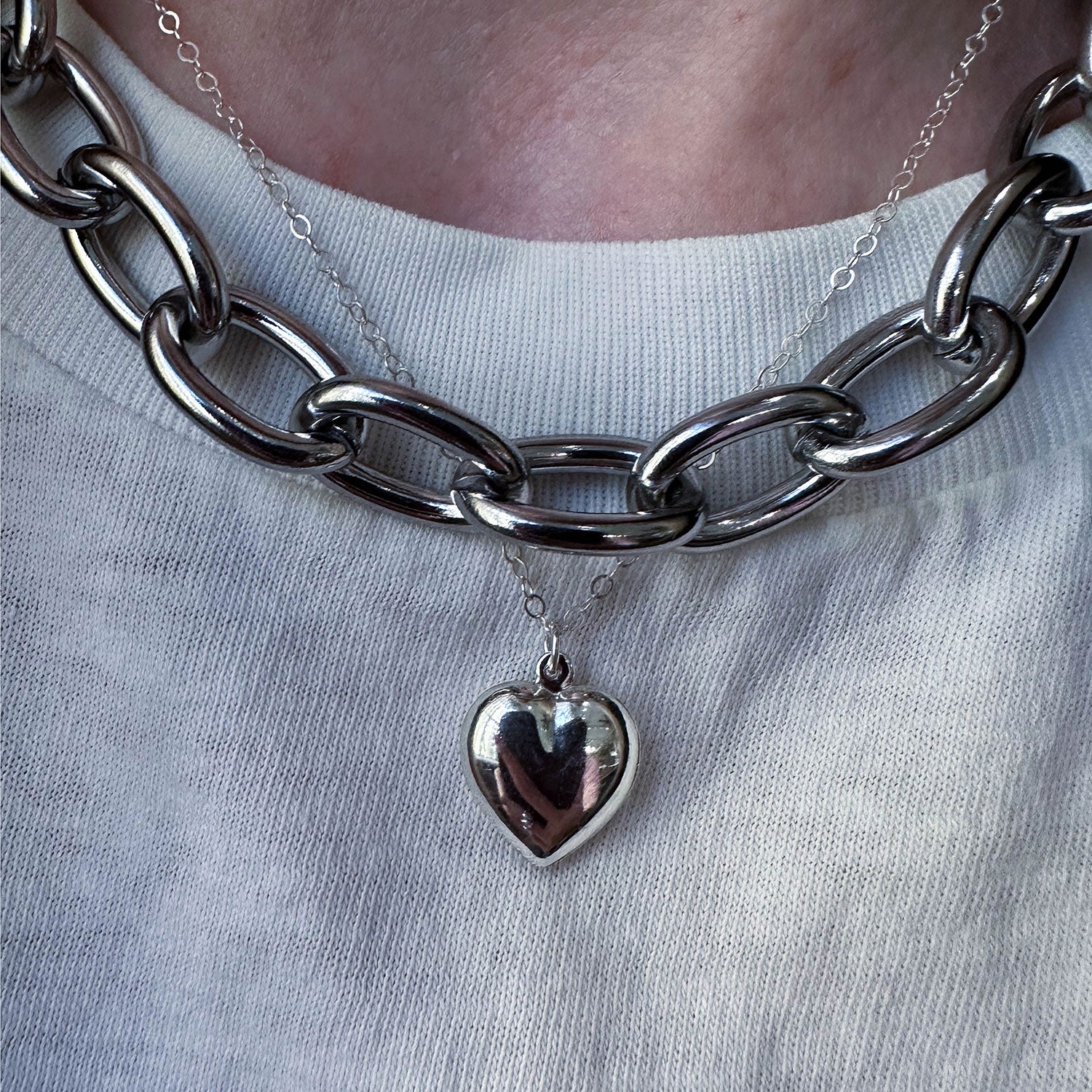 Silver Puffed Heart Charm Necklace Love Valentines Day Pendant Chain
