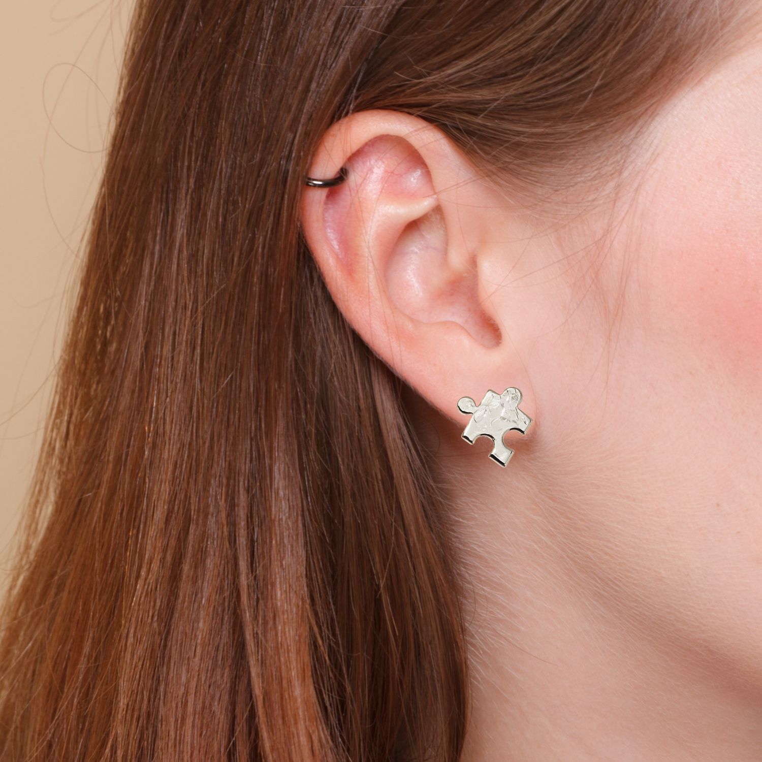 Silver Puzzle Piece Textured Stud Earrings