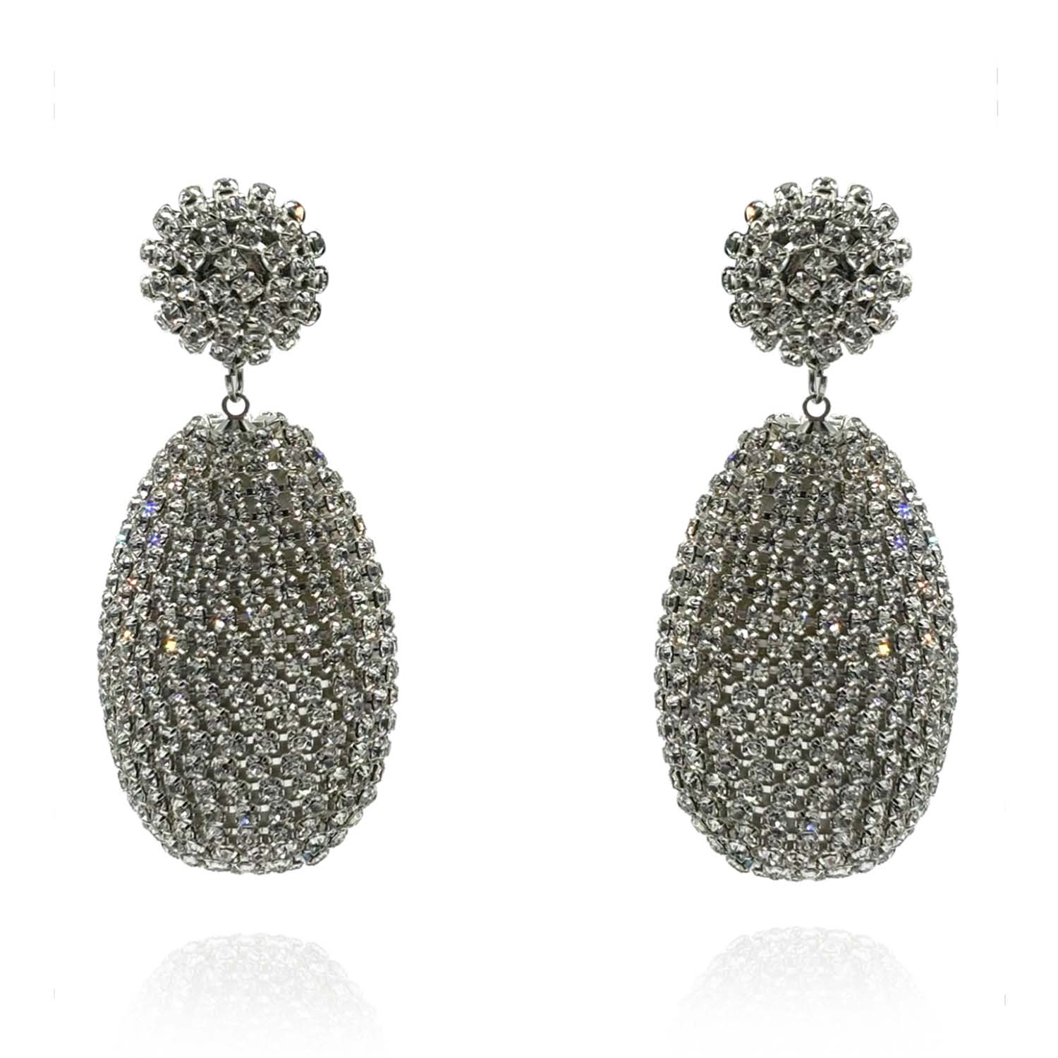 Silver Rhinestone Chain-Covered Large Drop Resin Earrings