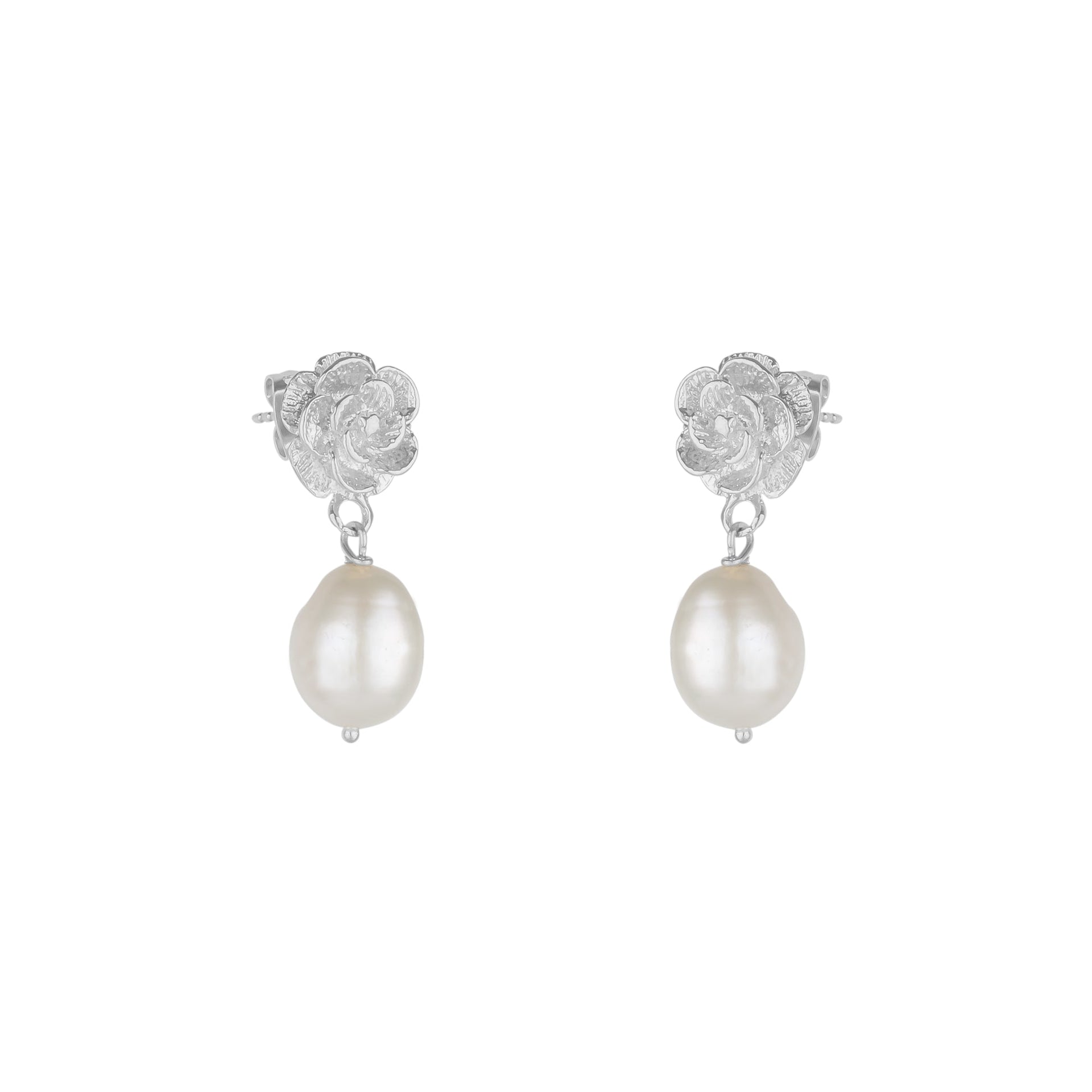 Silver Rose Drop Earring With Pearl