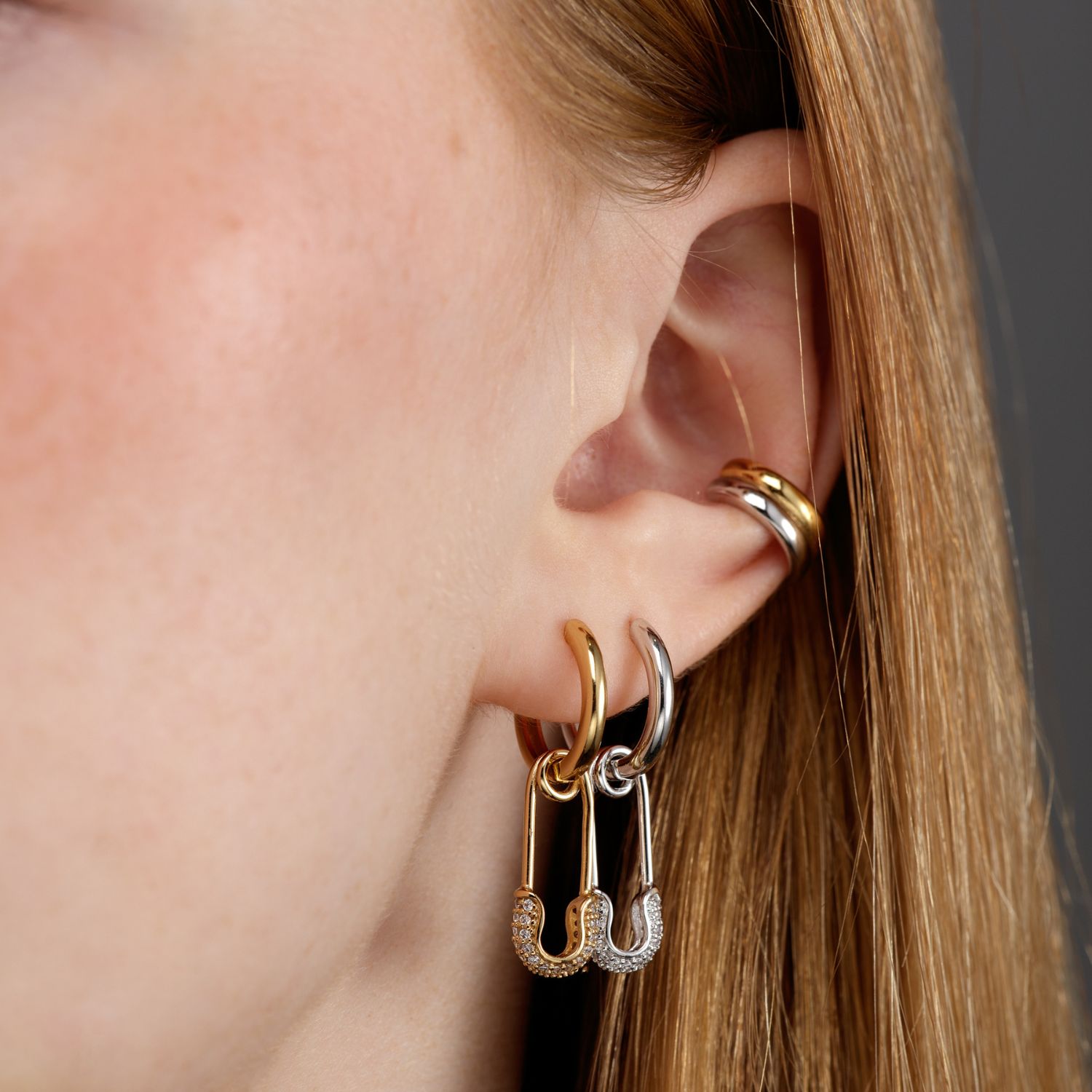 Silver Safety Pin Charm Hoop Earrings