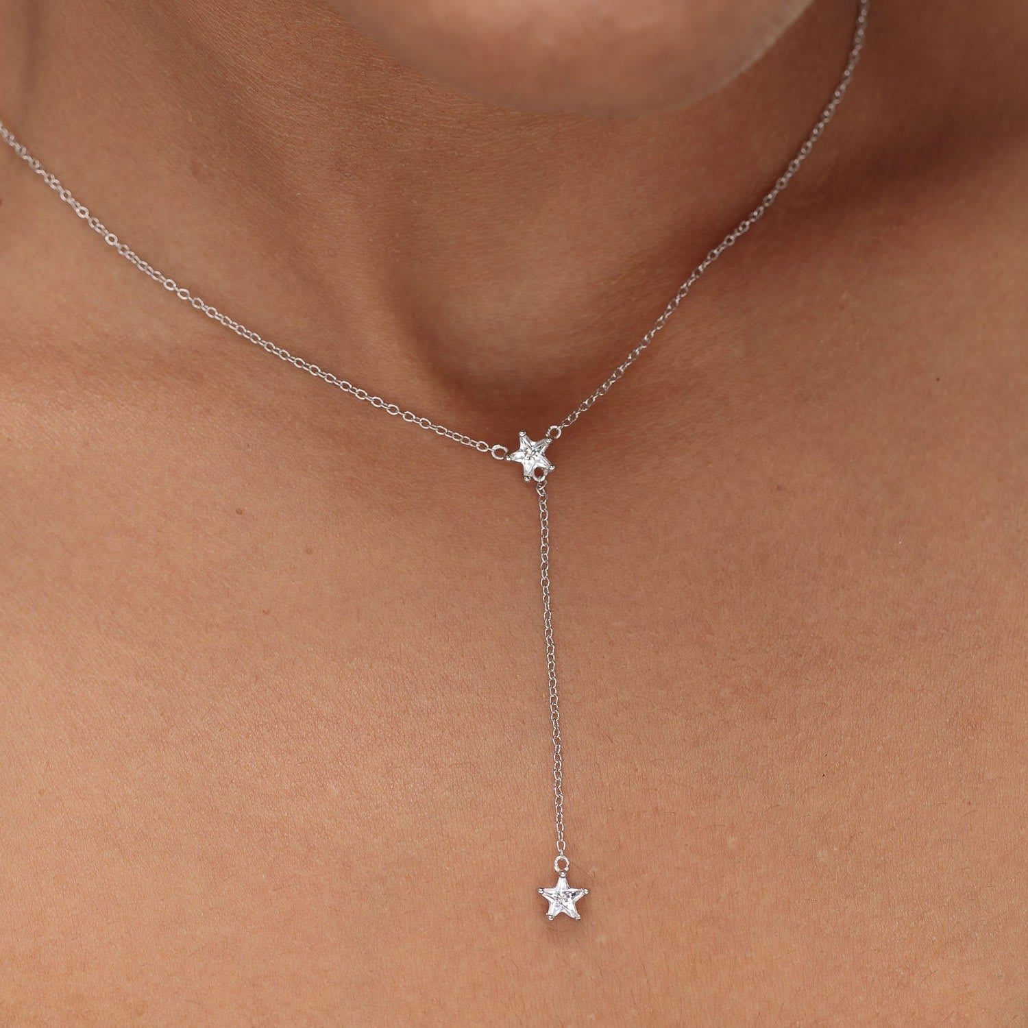 Silver Sparkling Star Drop Necklace