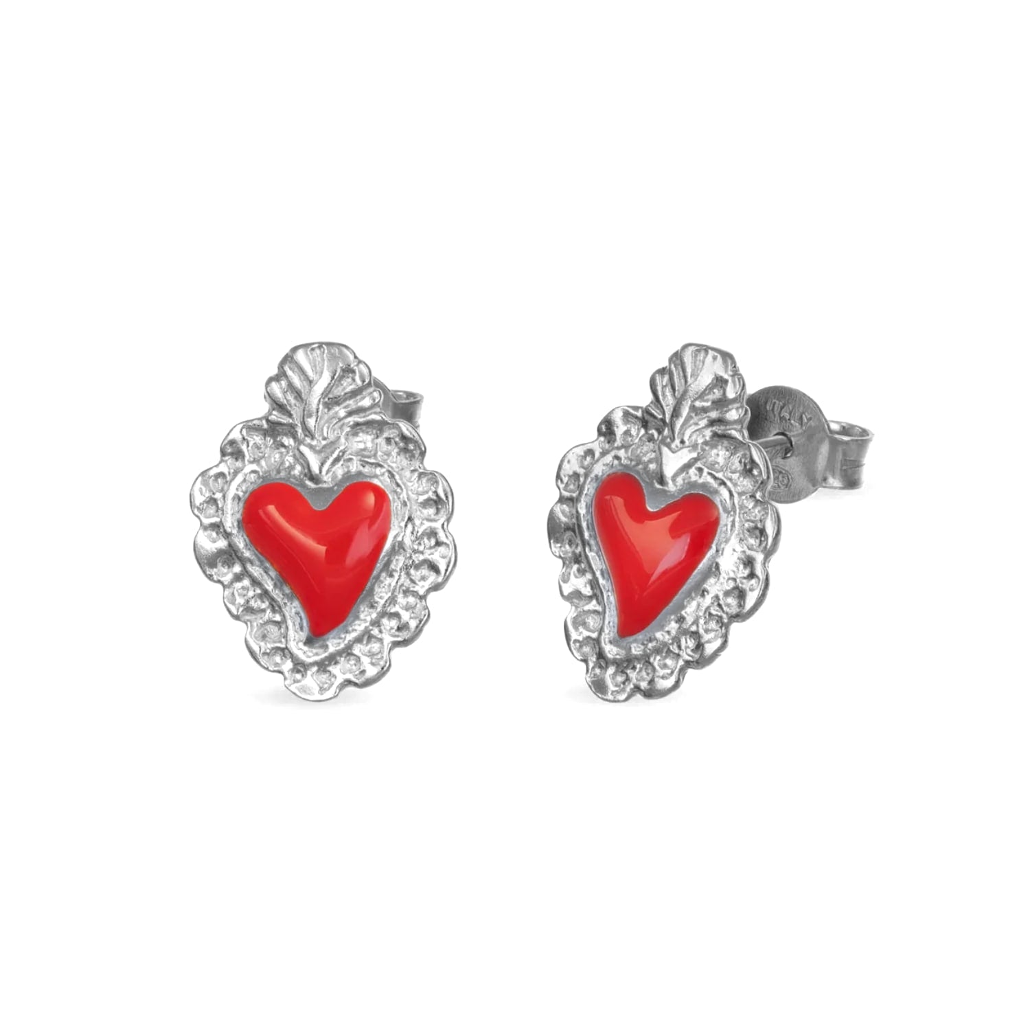 Silver Stud Earrings With A Red Sacred Heart-Shaped Pendant.