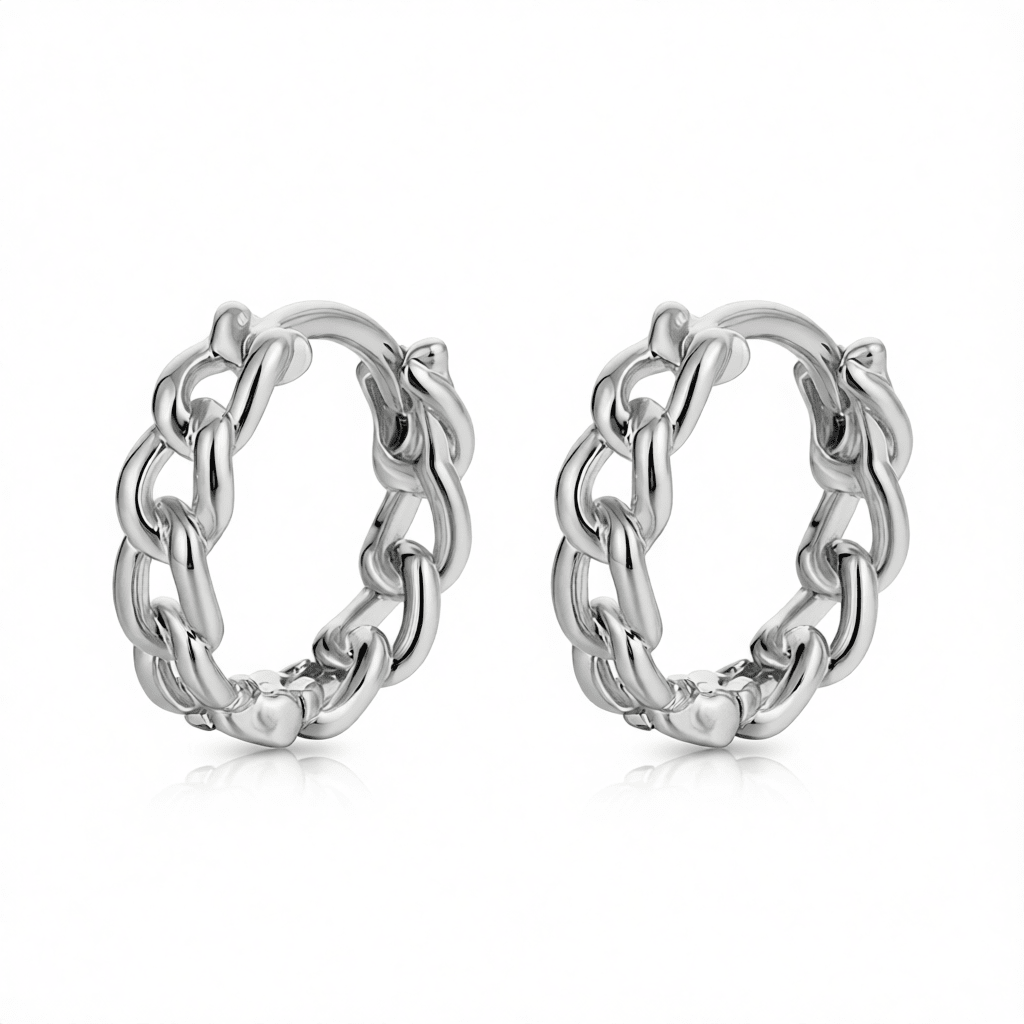 Silvertone Curb Chain Huggie Earrings