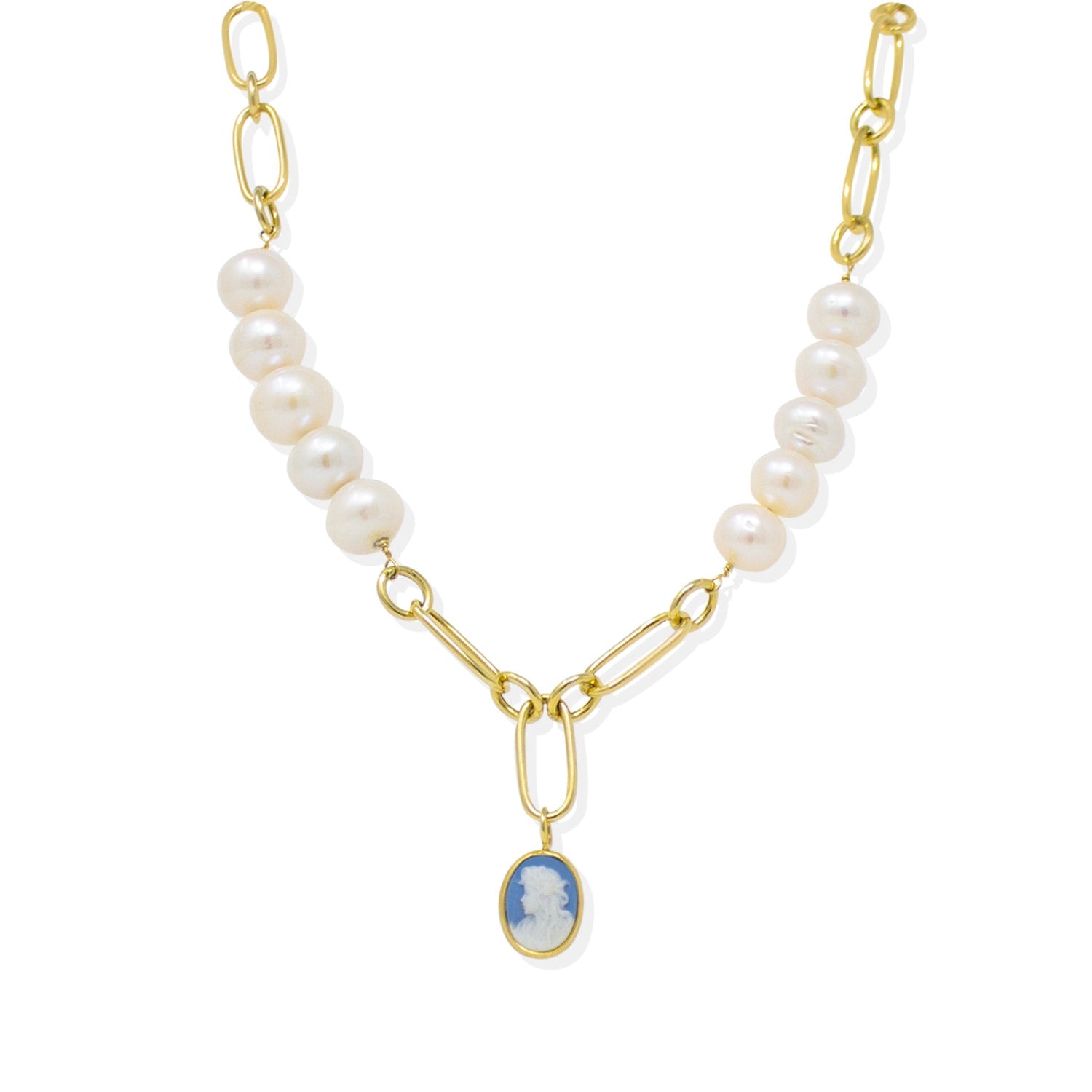 Simonetta Sky Blue Cameo And Pearl Necklace