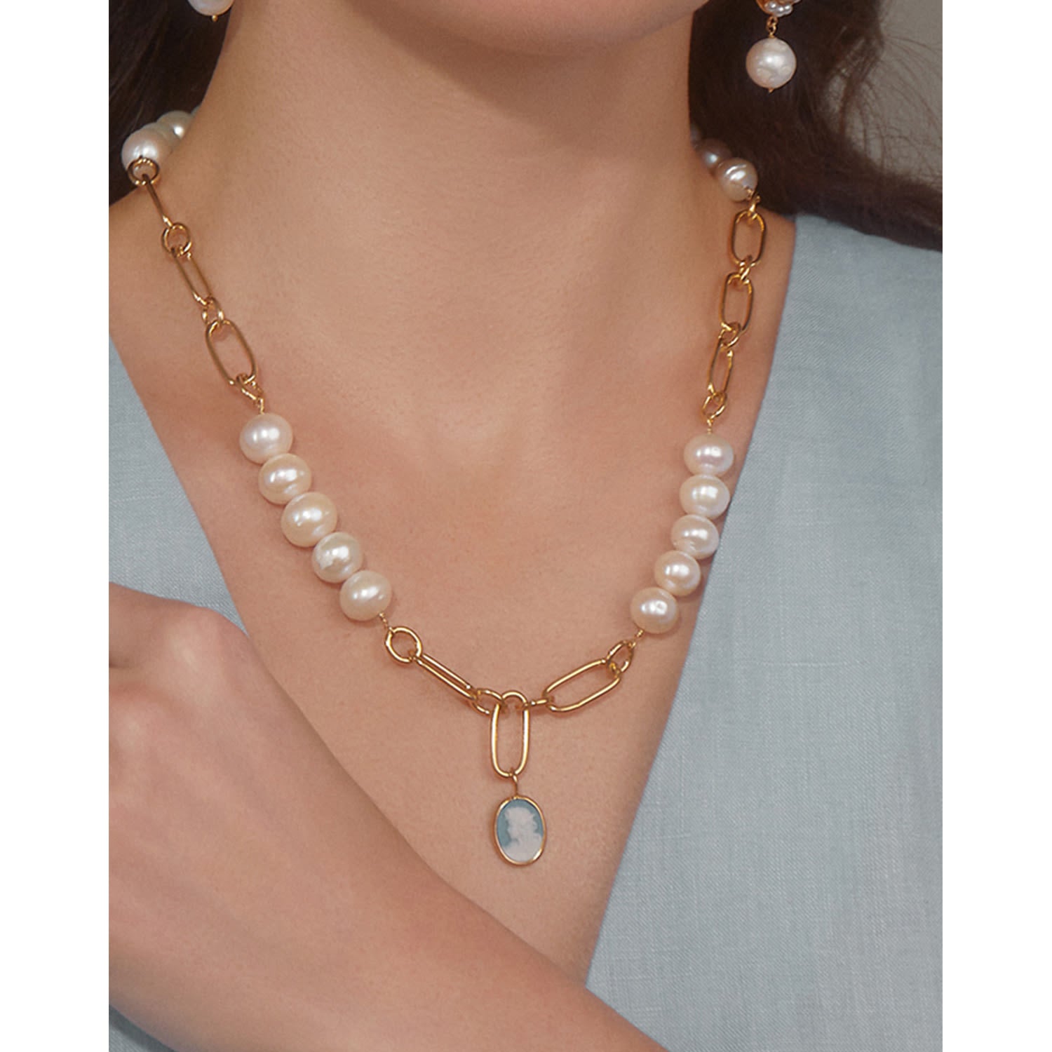 Simonetta Sky Blue Cameo And Pearl Necklace