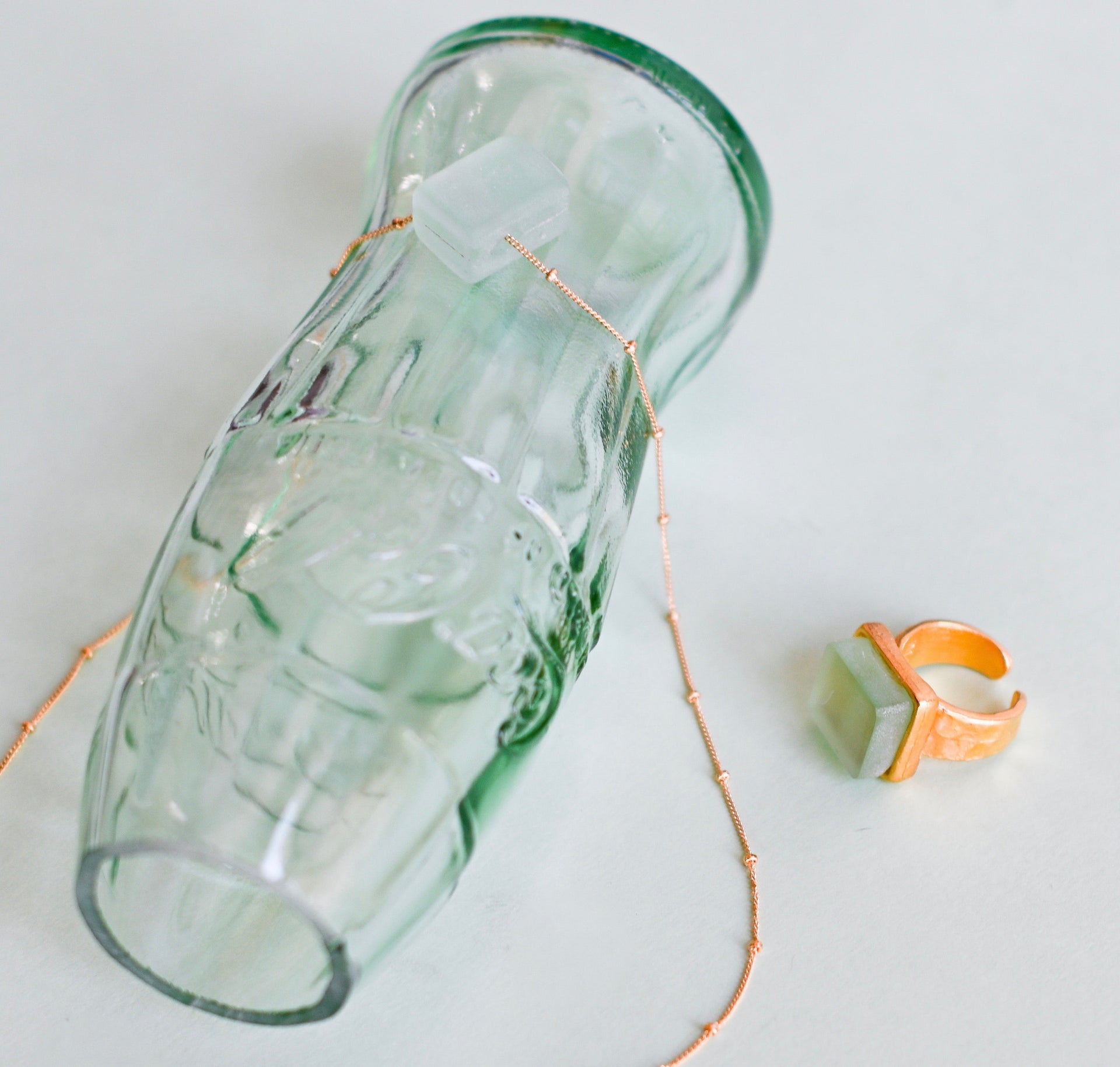 Recycled Glass Cube Necklace Gold Fill Antique Clear