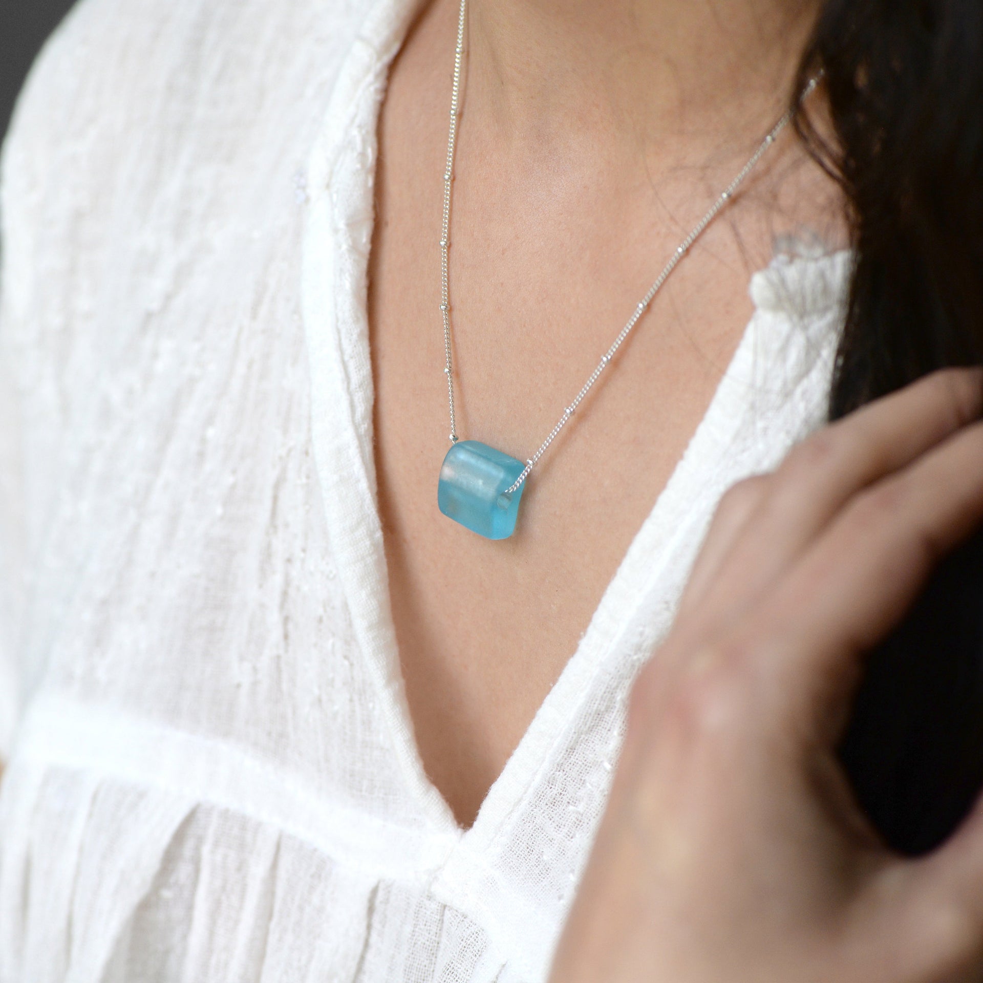 Recycled Gin Bottle Cube Necklace Aqua Silver