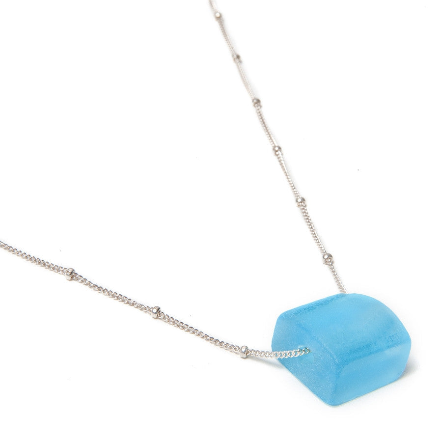 Recycled Gin Bottle Cube Necklace Aqua Silver