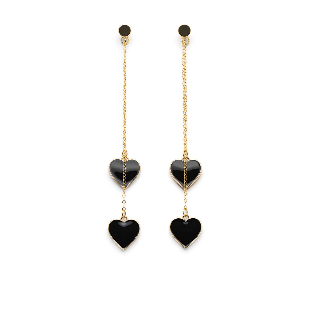 Single Hearted Girl Dangle Black Heart Charm Gold Filled Earrings