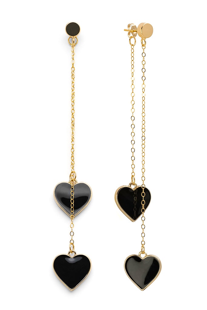 Single Hearted Girl Dangle Black Heart Charm Gold Filled Earrings