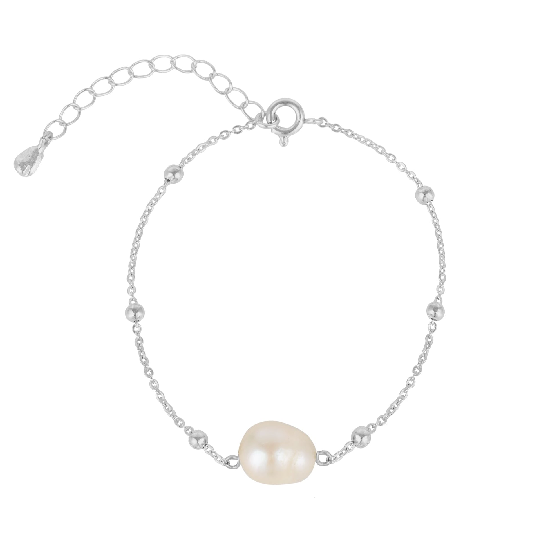 Single Pearl Beaded Chain Silver Bracelet