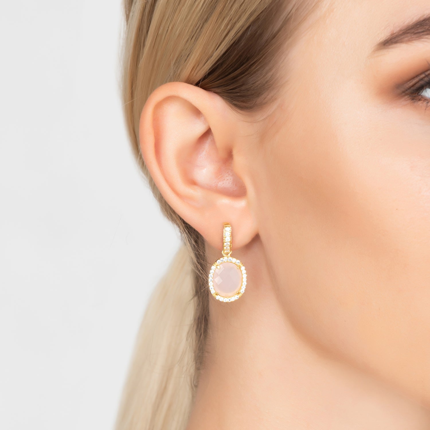 Beatrice Oval Gemstone Drop Earrings Gold Rose Quartz