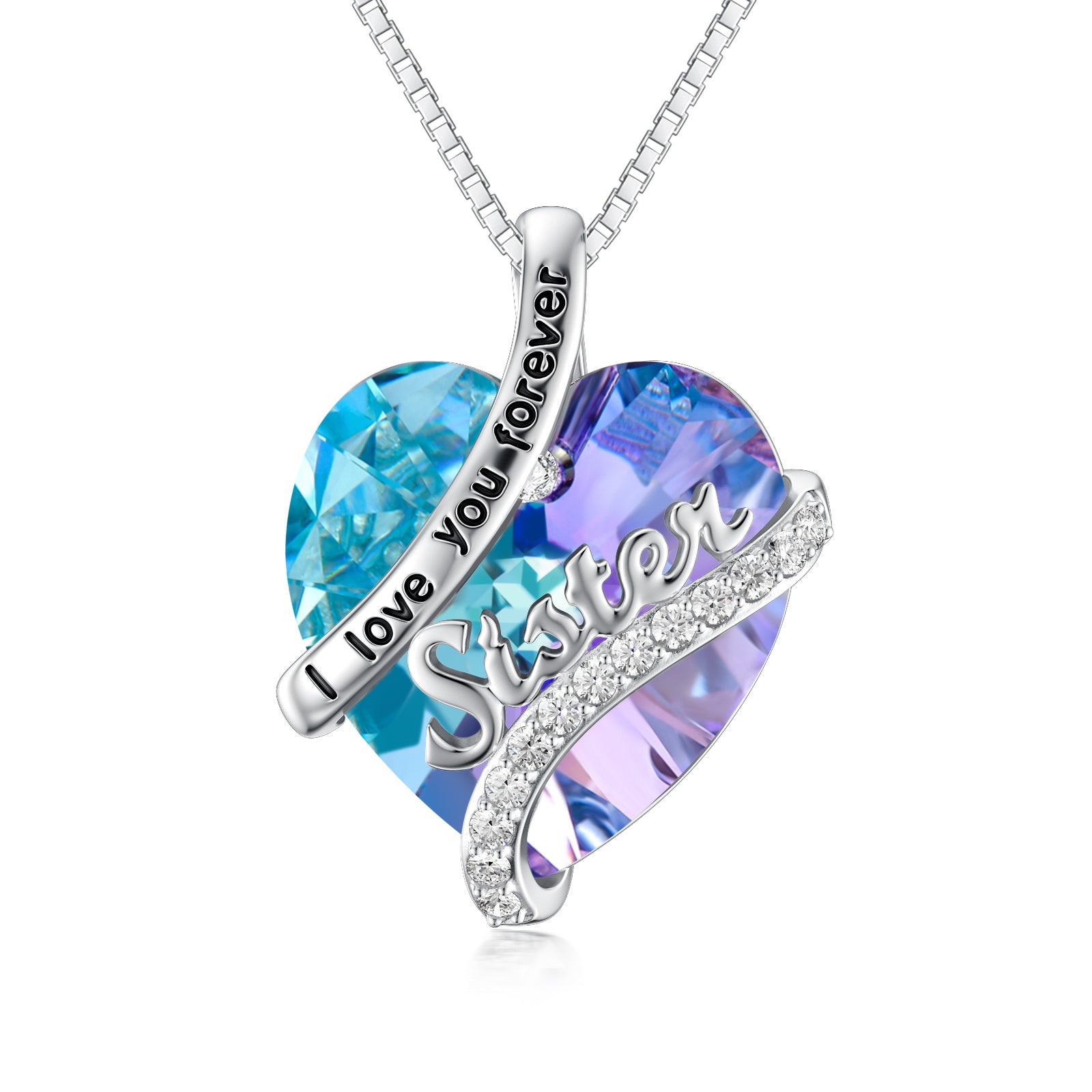 Sterling Silver Heart Crystal Sister Pendant Necklace Birthday Jewelry Gifts For Women Sister