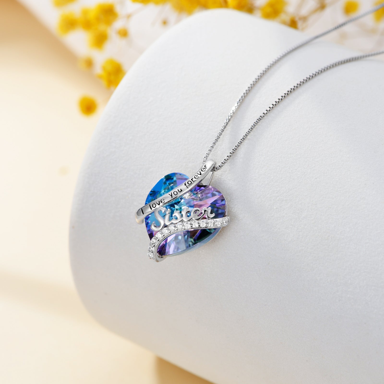 Sterling Silver Heart Crystal Sister Pendant Necklace Birthday Jewelry Gifts For Women Sister