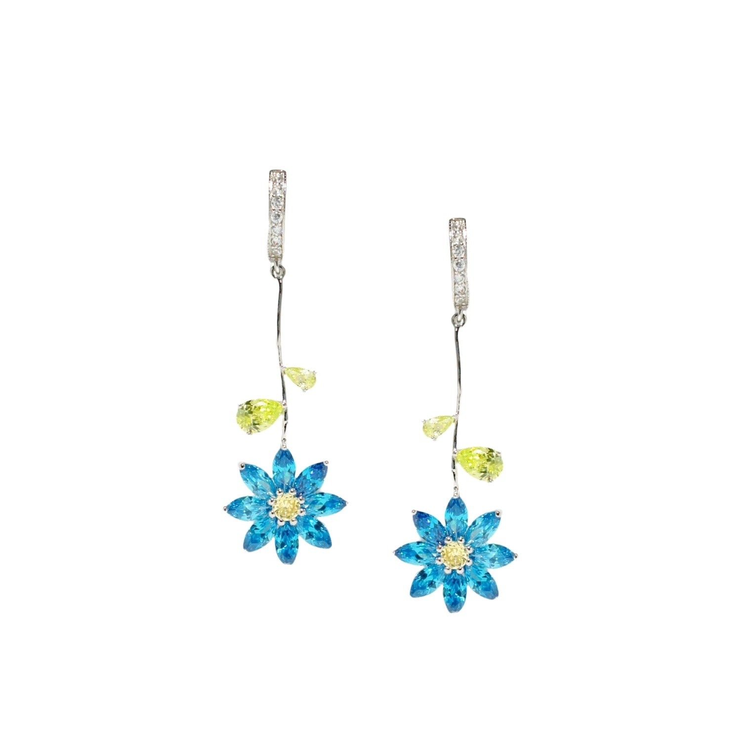 Garden Tales Crystal Daisy Drop Earring With Pave Hoops, Aqua Blue