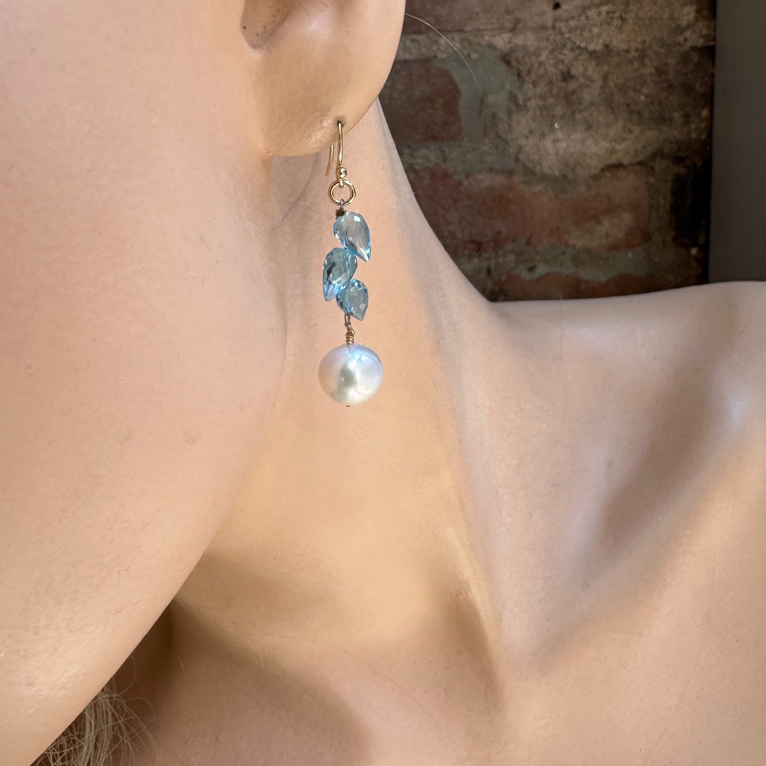 Sky Blue Topaz With Pearl Gold Earrings
