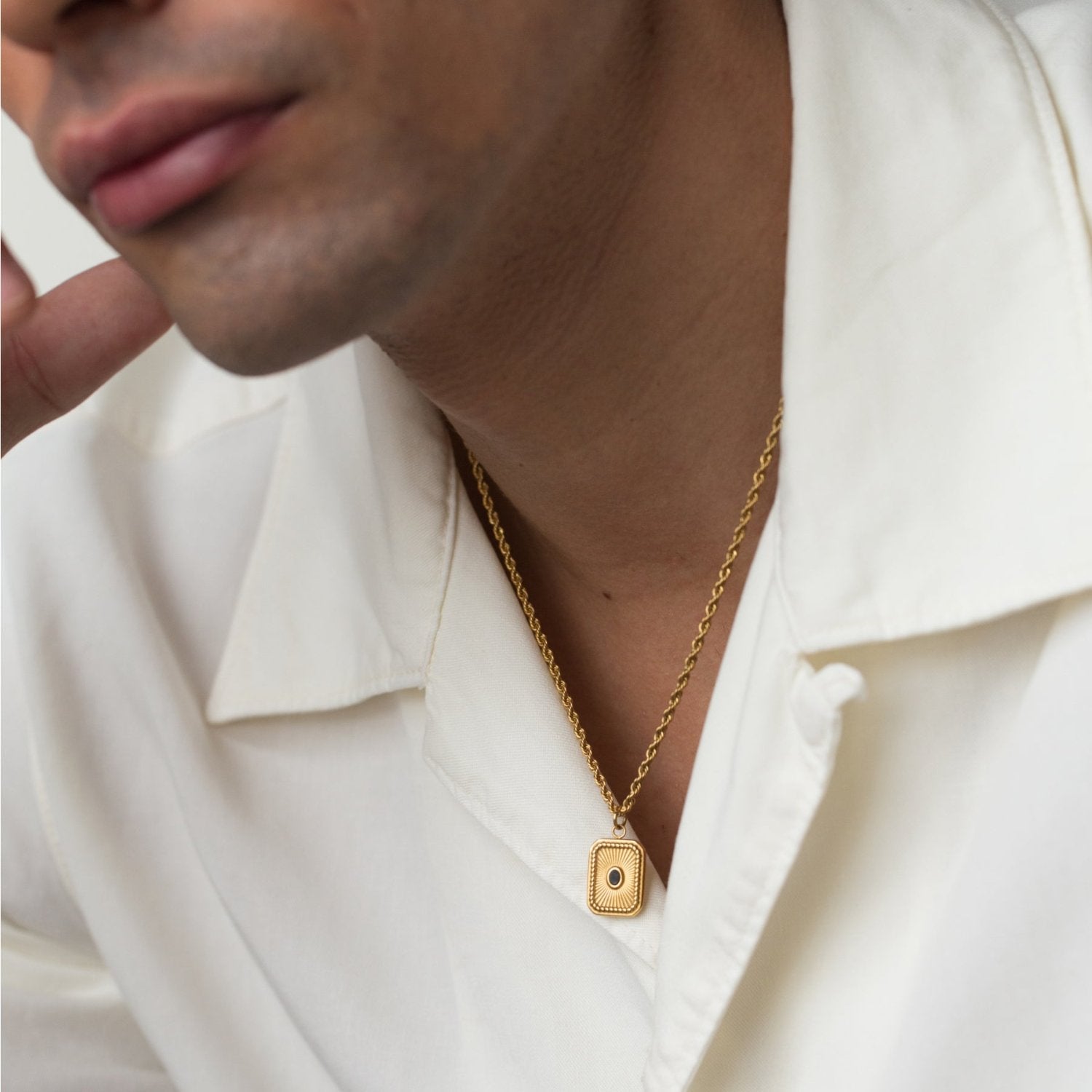 Skylar Onyx Necklace Black Gemstone Pendant Charm Gold Rope Chain Layering Modern Contemporary Unisex Men Women