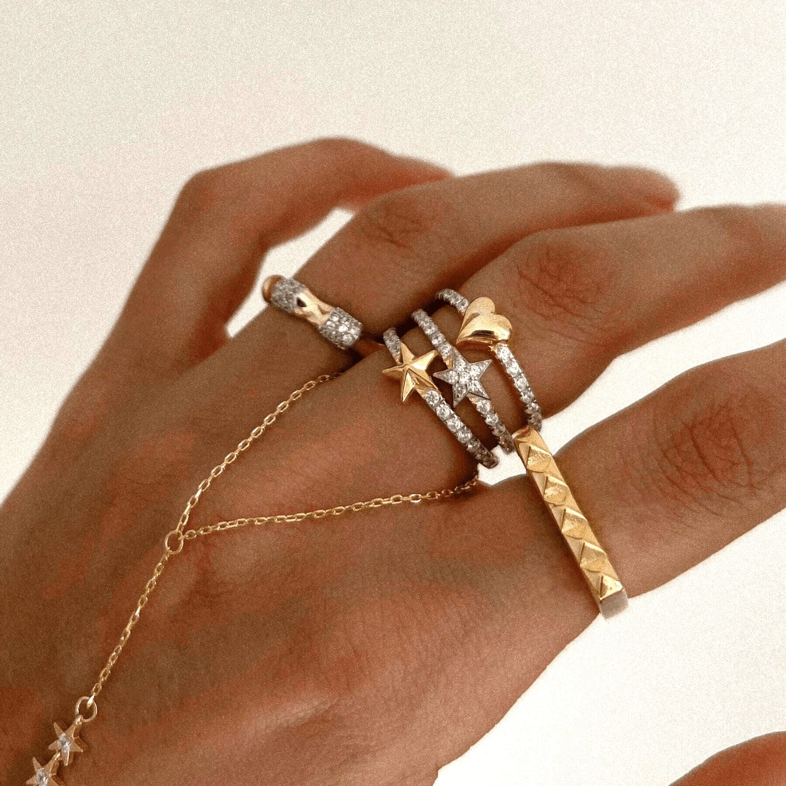 Love Heart Zirconia Half Round Adjustable Sterling Silver Ring - Gold