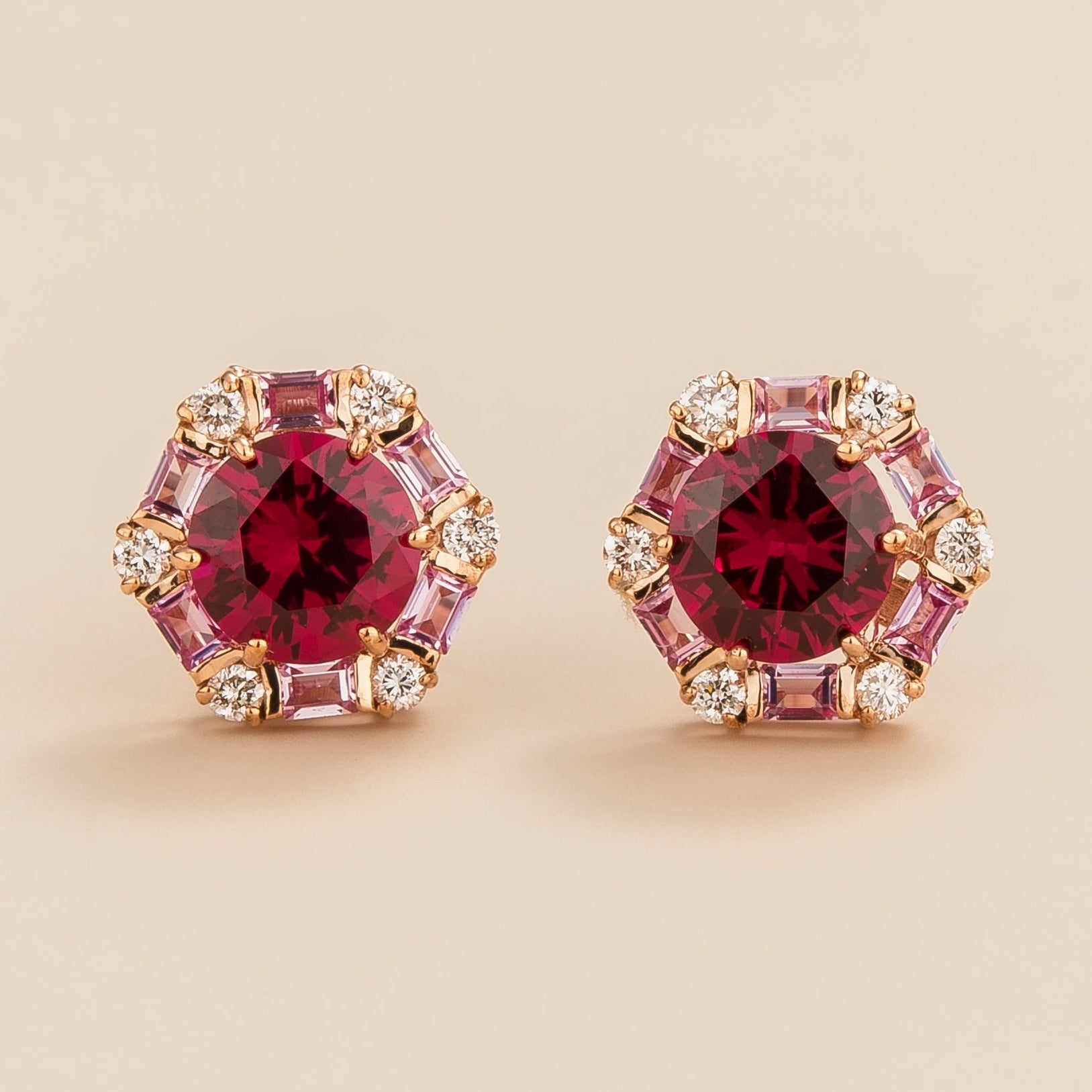 Melba Rose Gold Earrings Ruby, Pink Sapphire & Diamond