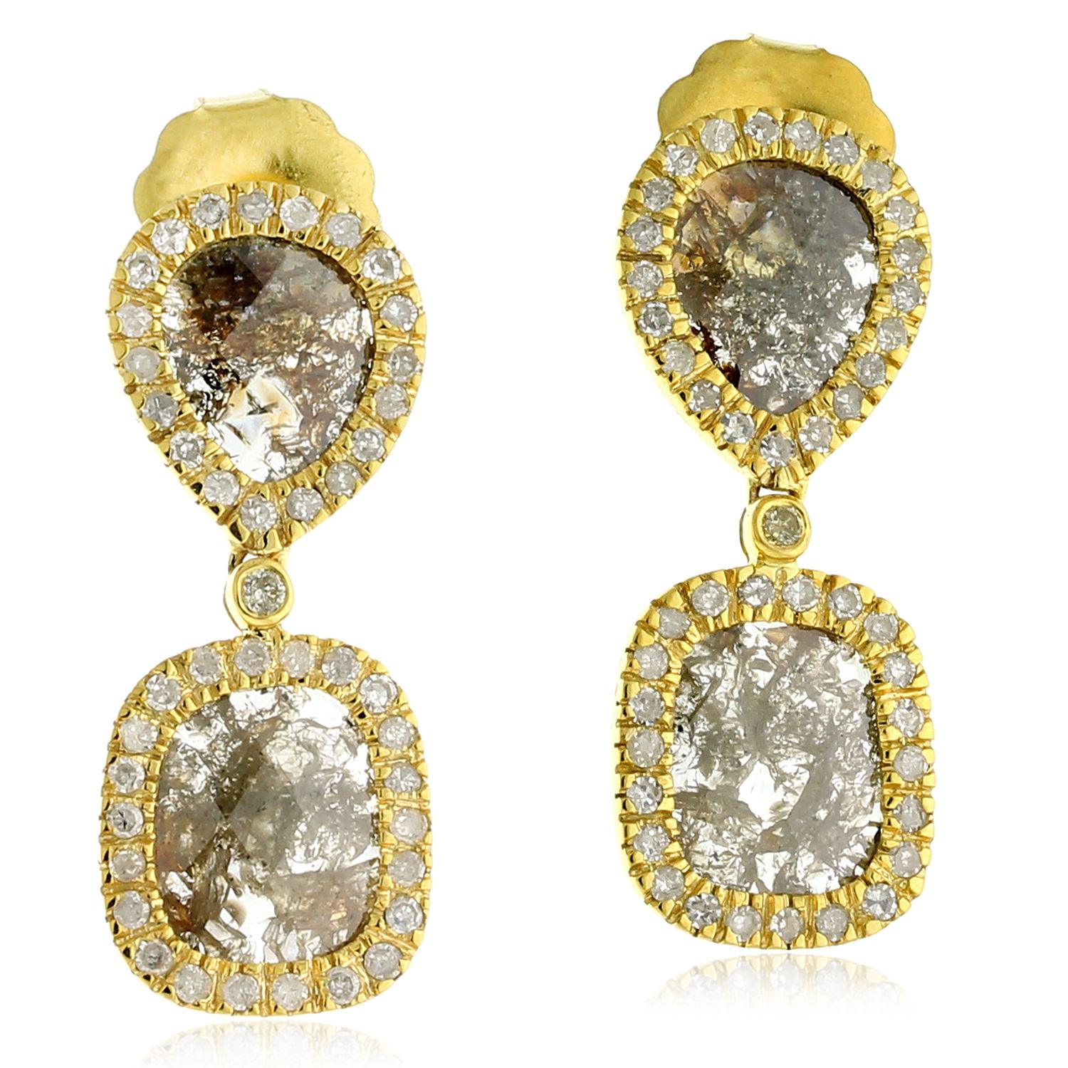 "Slice Diamond Drop Earrings In 18K Yellow Gold With Halo Setting"