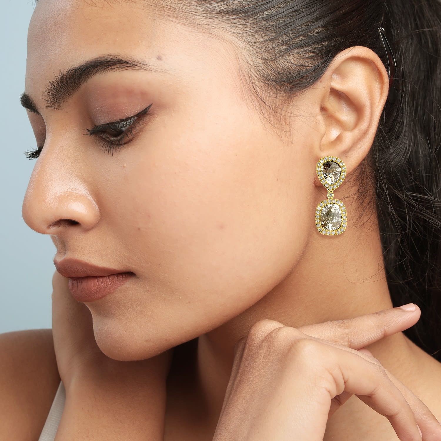 "Slice Diamond Drop Earrings In 18K Yellow Gold With Halo Setting"