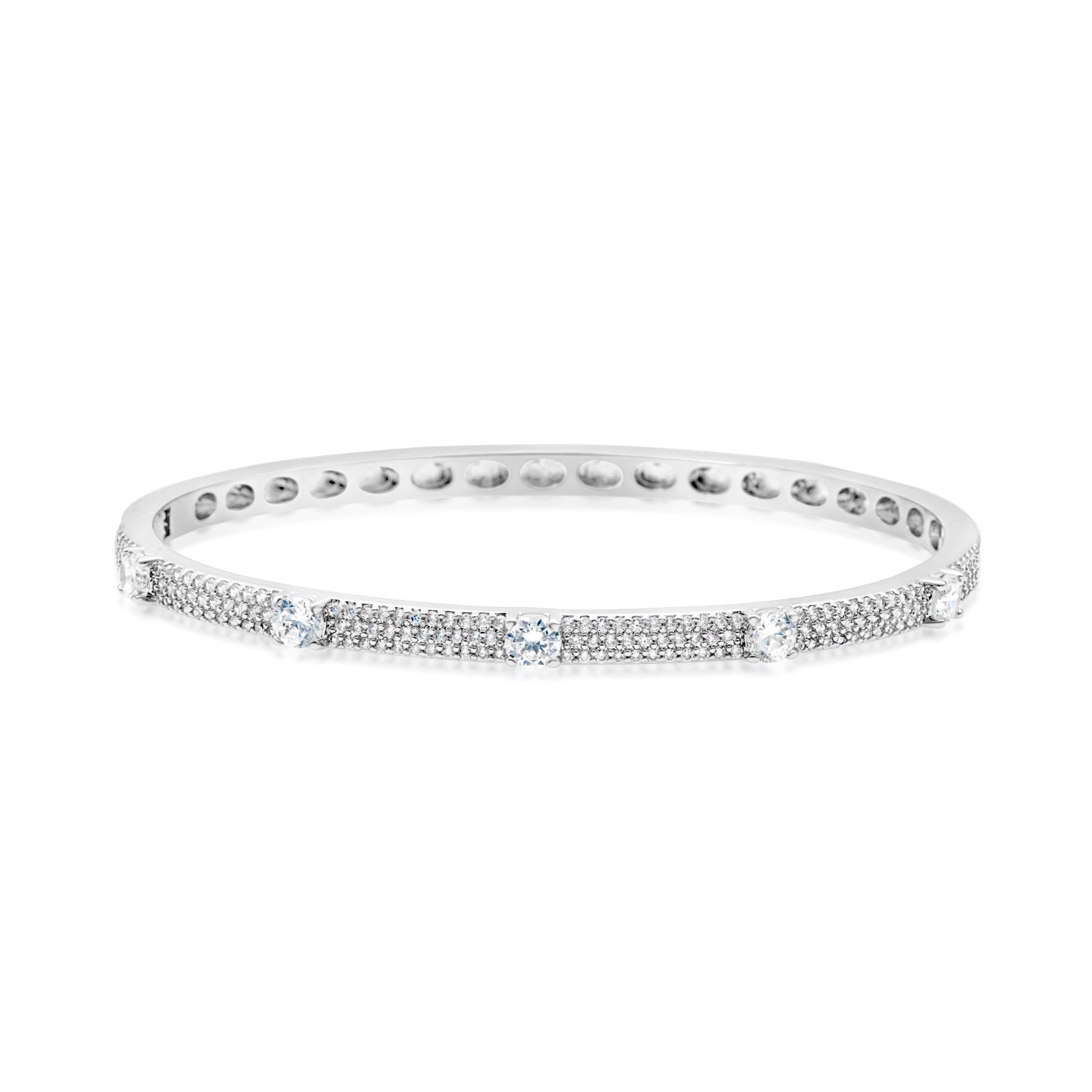 Slim Pave Round Stone Bangle - Silver