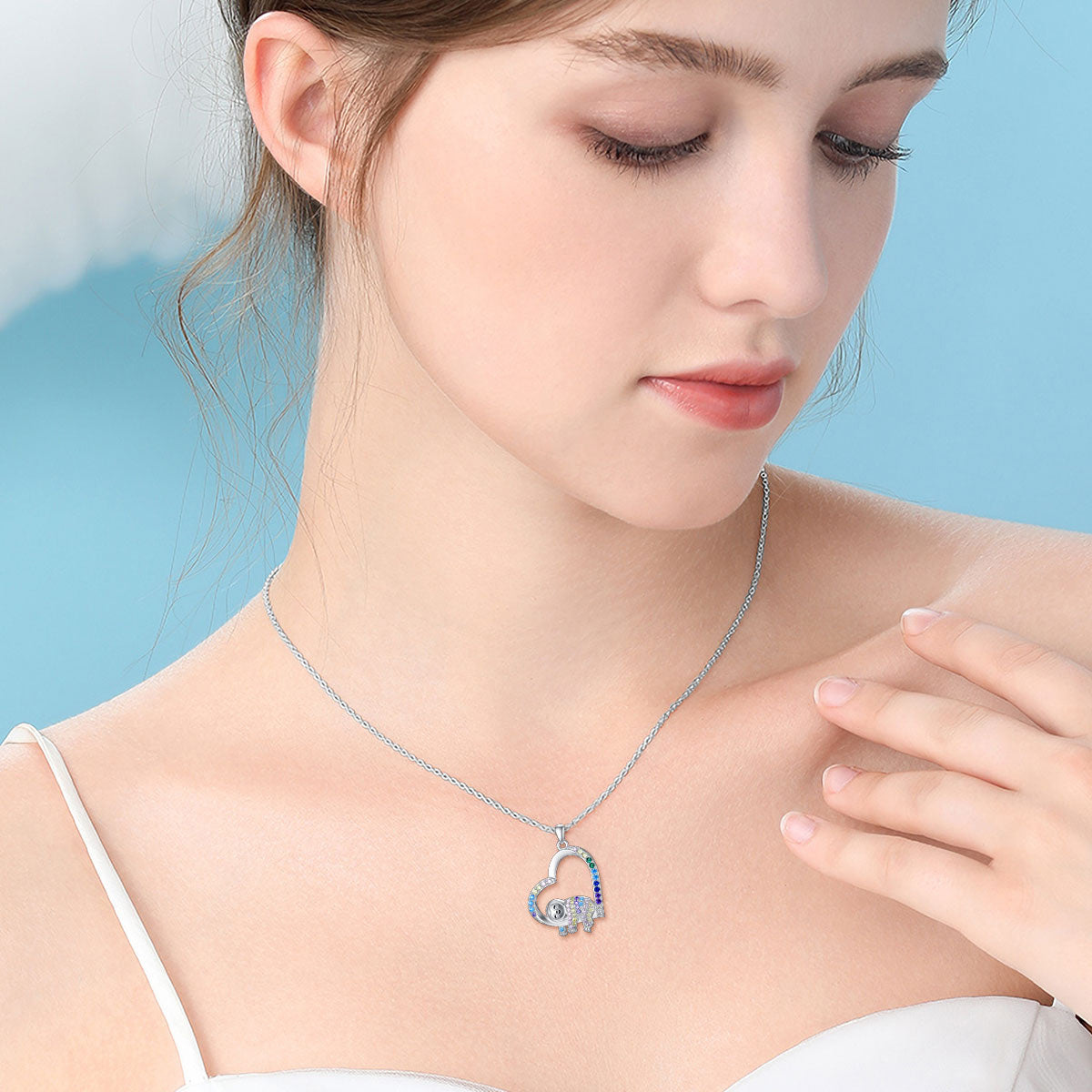 Sterling Silver Colorful Cubic Zirconia Sloth & Heart Necklace for Women Kids