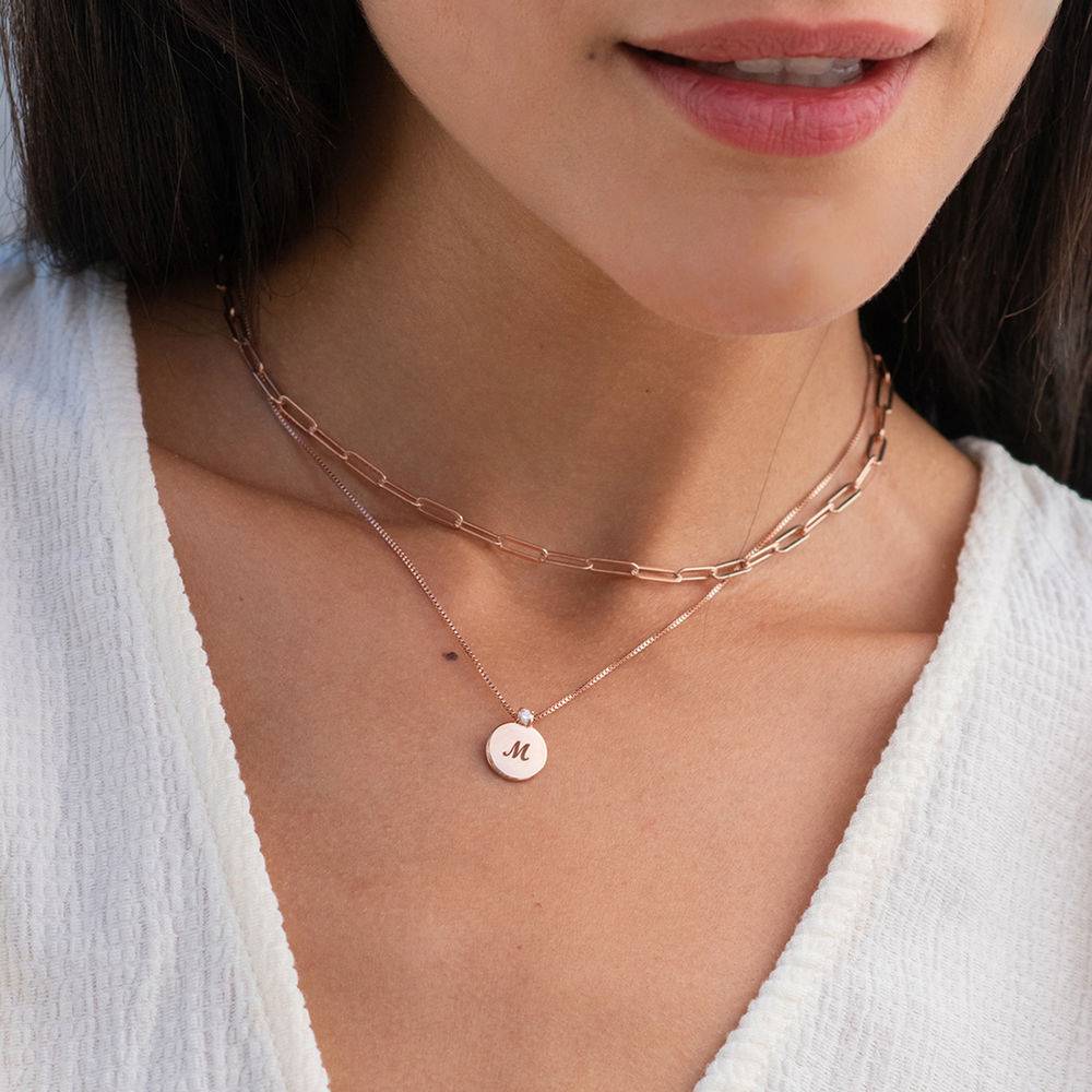 Small Circle Initial Necklace with Diamond in Rose Gold Plated