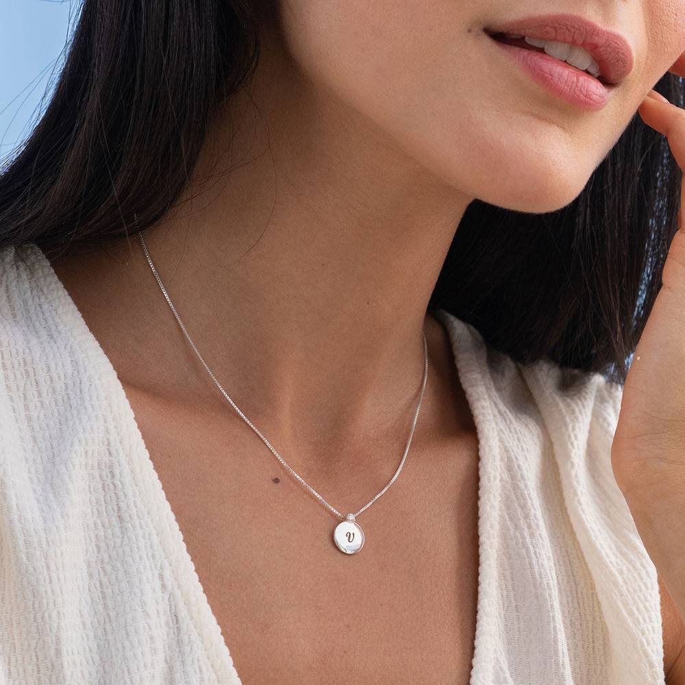 Small Circle Initial Necklace with Diamond in Sterling Silver
