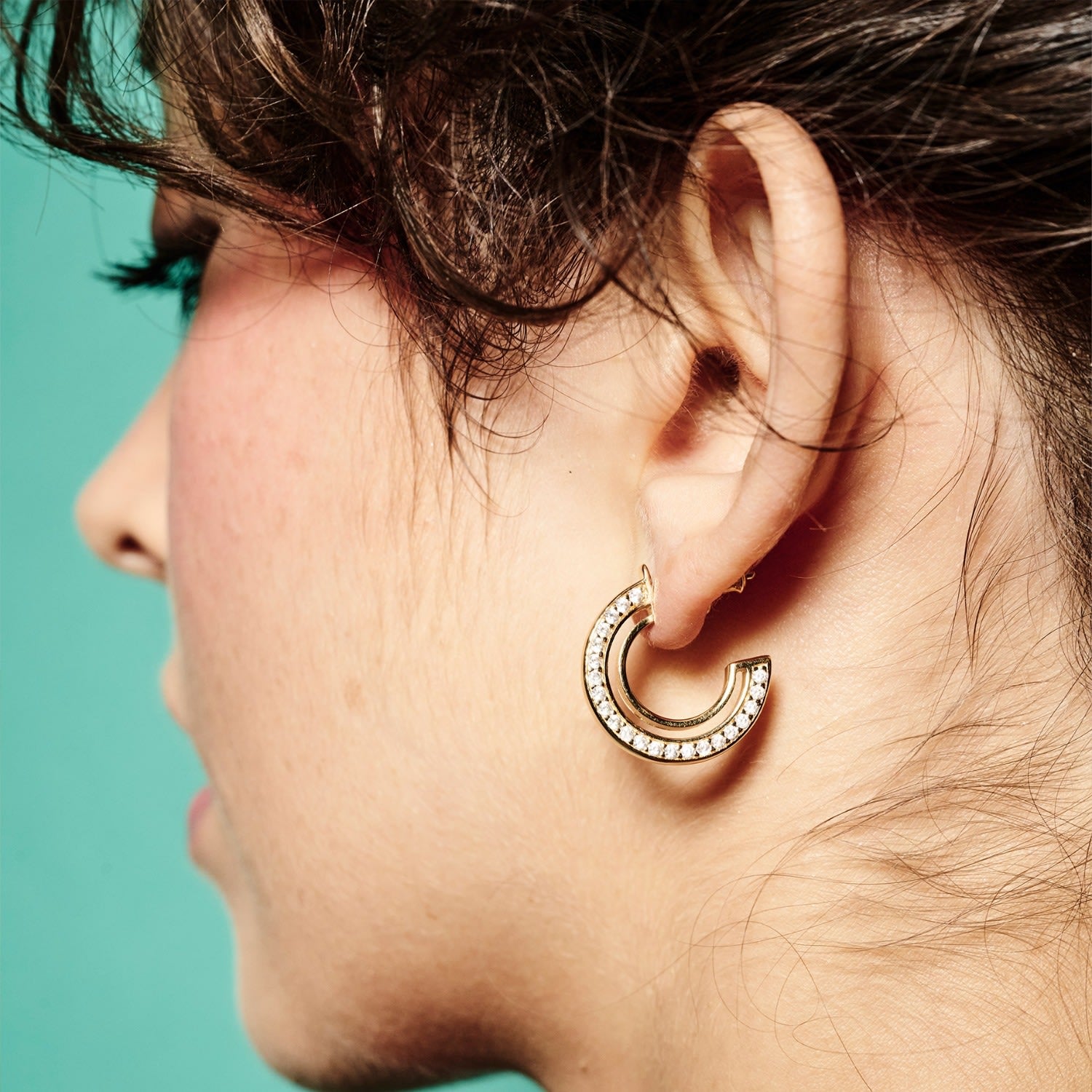 Small Double Hoop Earrings - Silver & Cubic Zirconia