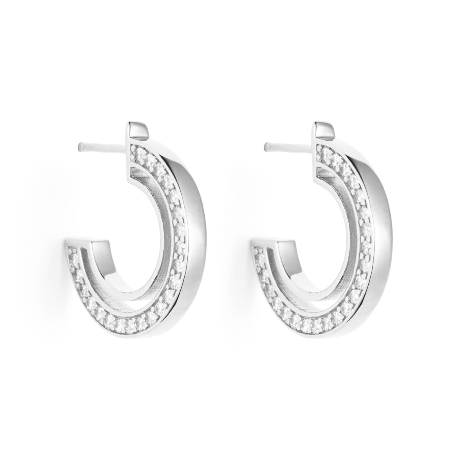 Small Double Hoop Earrings - Silver & Cubic Zirconia