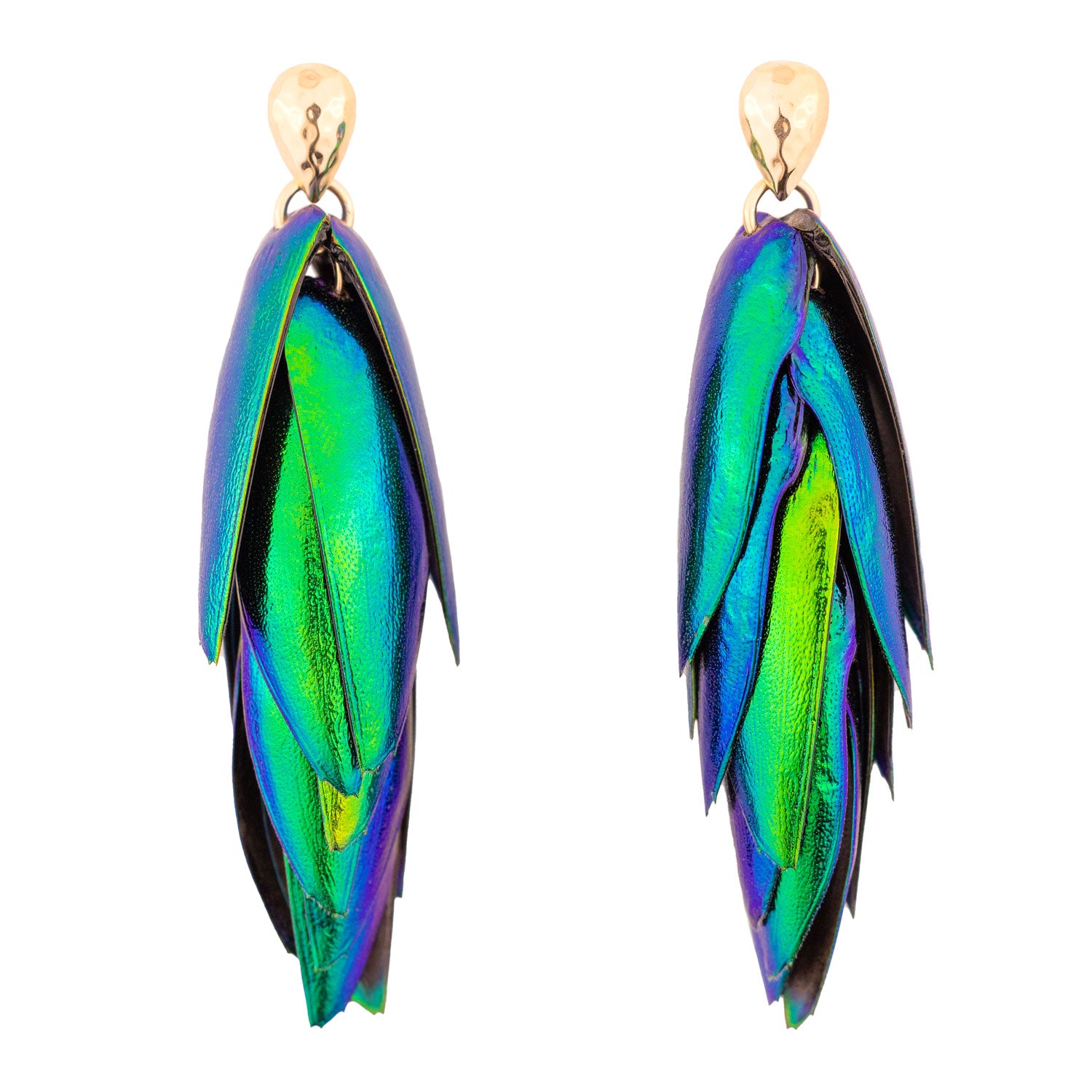Beetle Earrings Recycled Natural Metallic Green Earrings Gold Drop Ear Studs