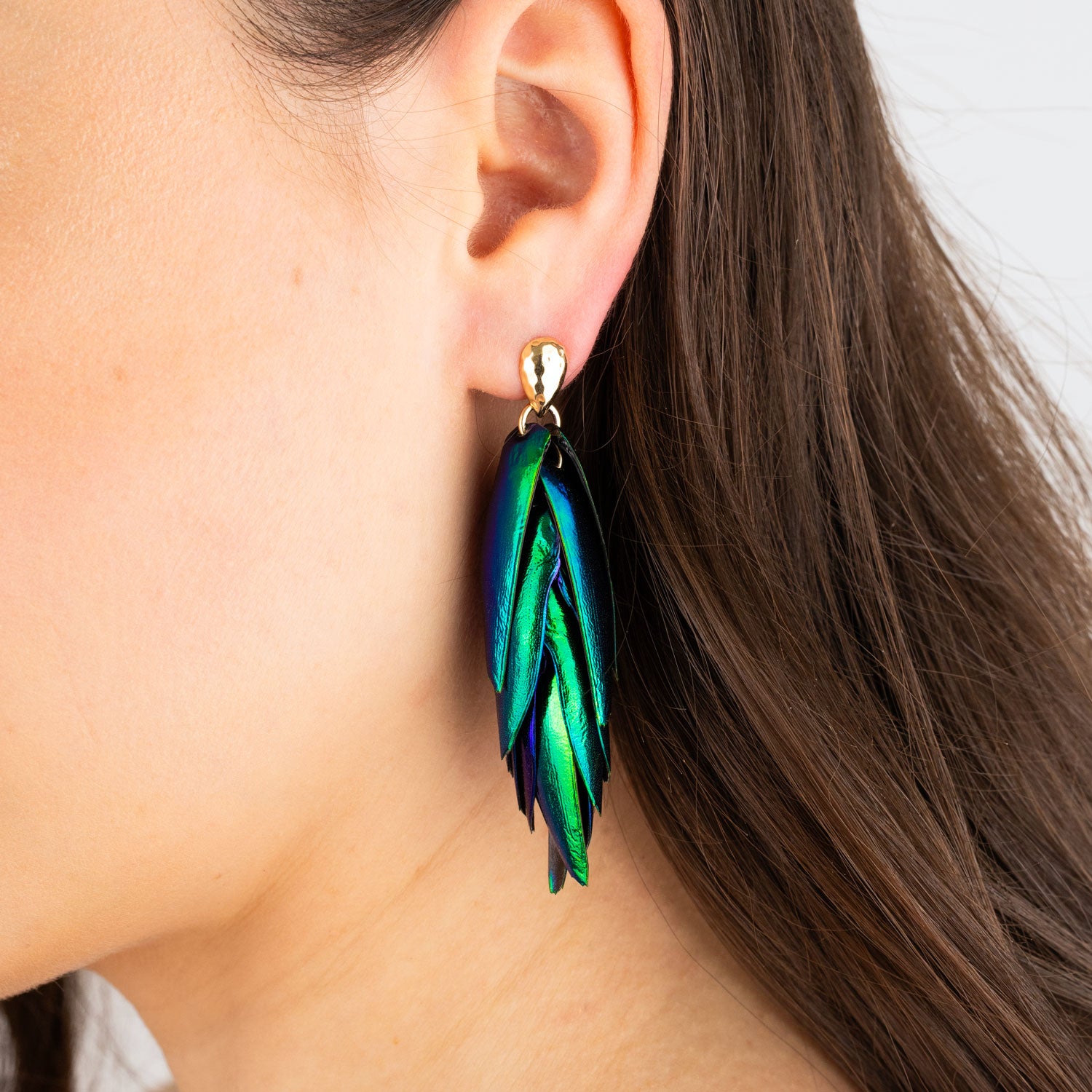 Beetle Earrings Recycled Natural Metallic Green Earrings Gold Drop Ear Studs