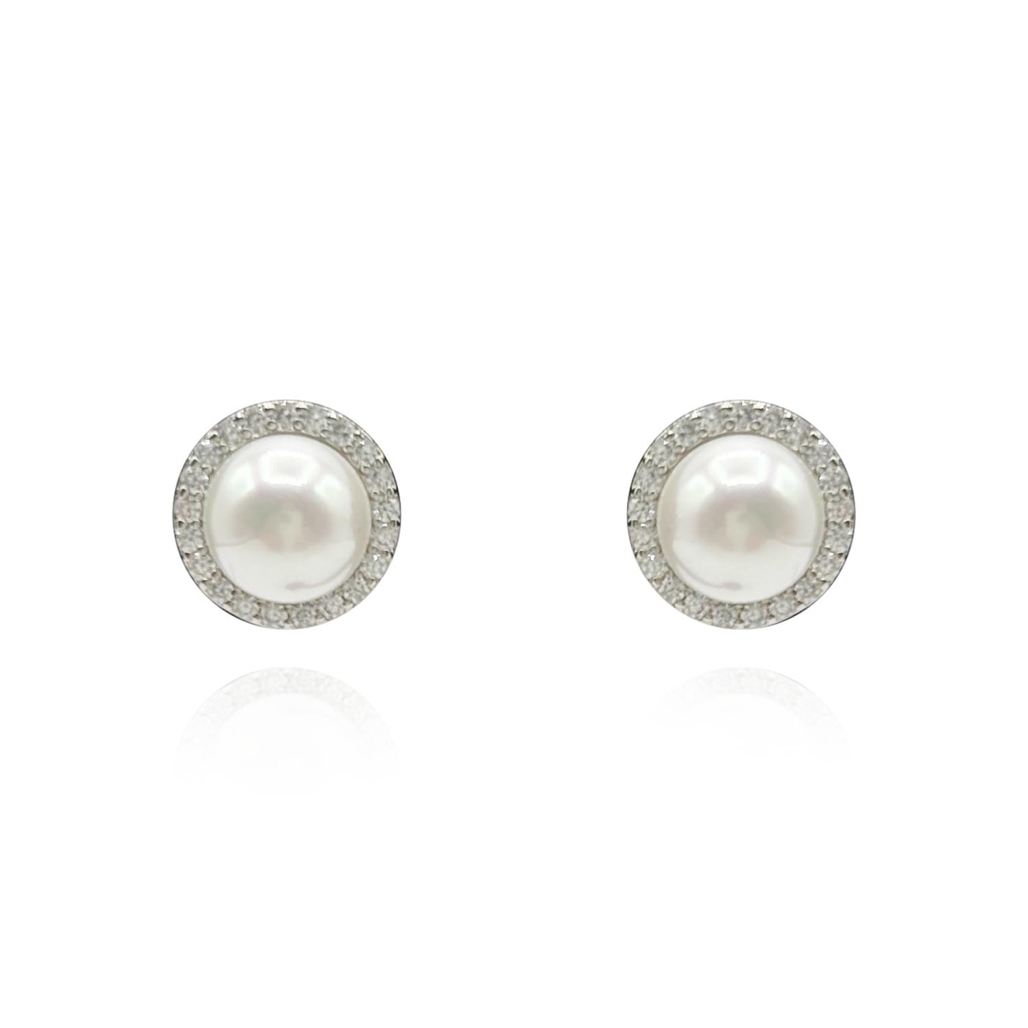 Small Shell Pearl Clip-On Earrings Plated In Rhodium Surrounded By Pave Crystals"