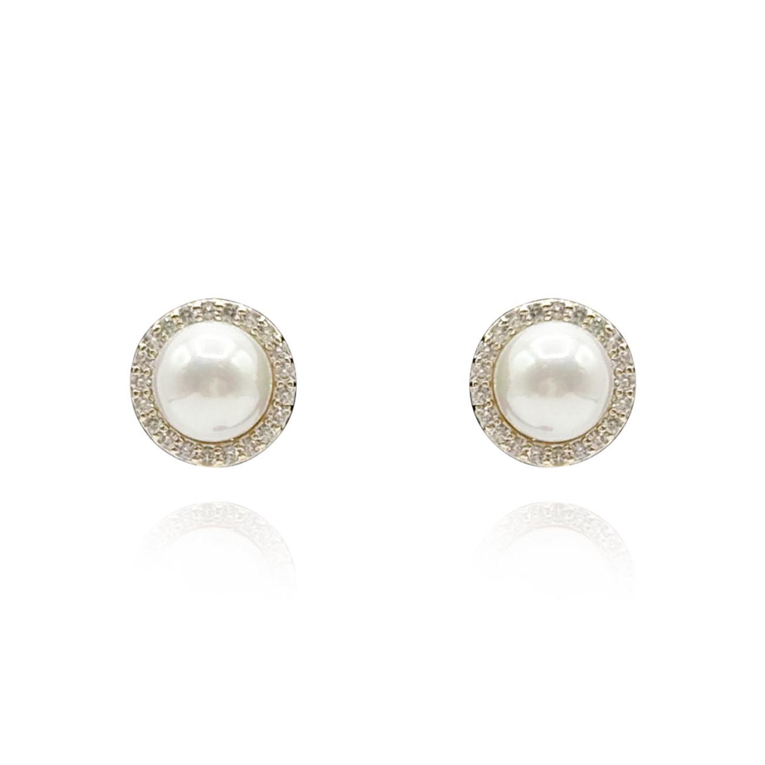 Small Shell Pearl Clip-On Earrings Set In Gold Plate Surrounded By Pave Crystals