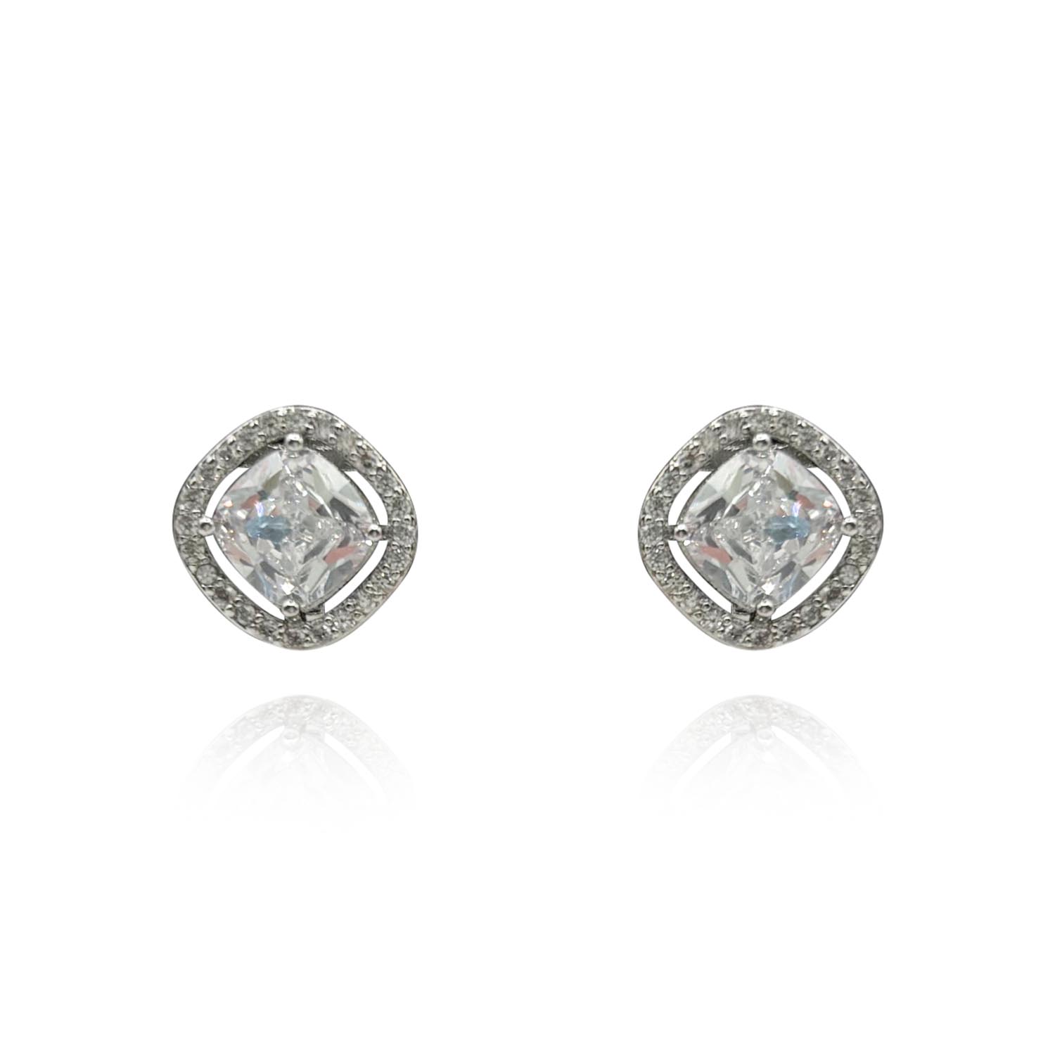 Small Square Crystal Clip-On Earrings Set In Rhodium-Plated Pave