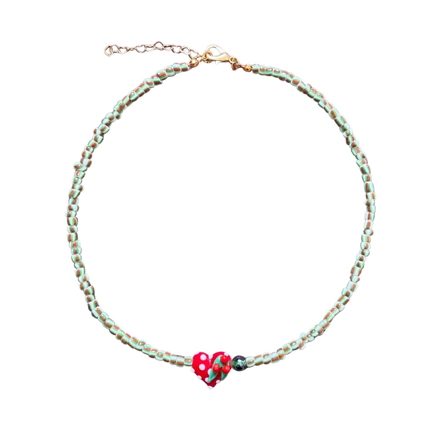 Small Talk | Santa Edition — Striped Glass Bead Necklace With Christmas Theme Murano Heart