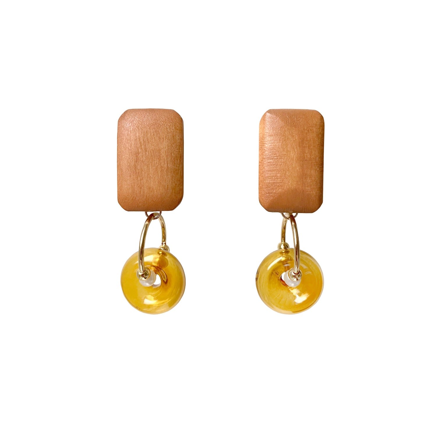 Geometric Pine Wood Earrings In Brown & Orange