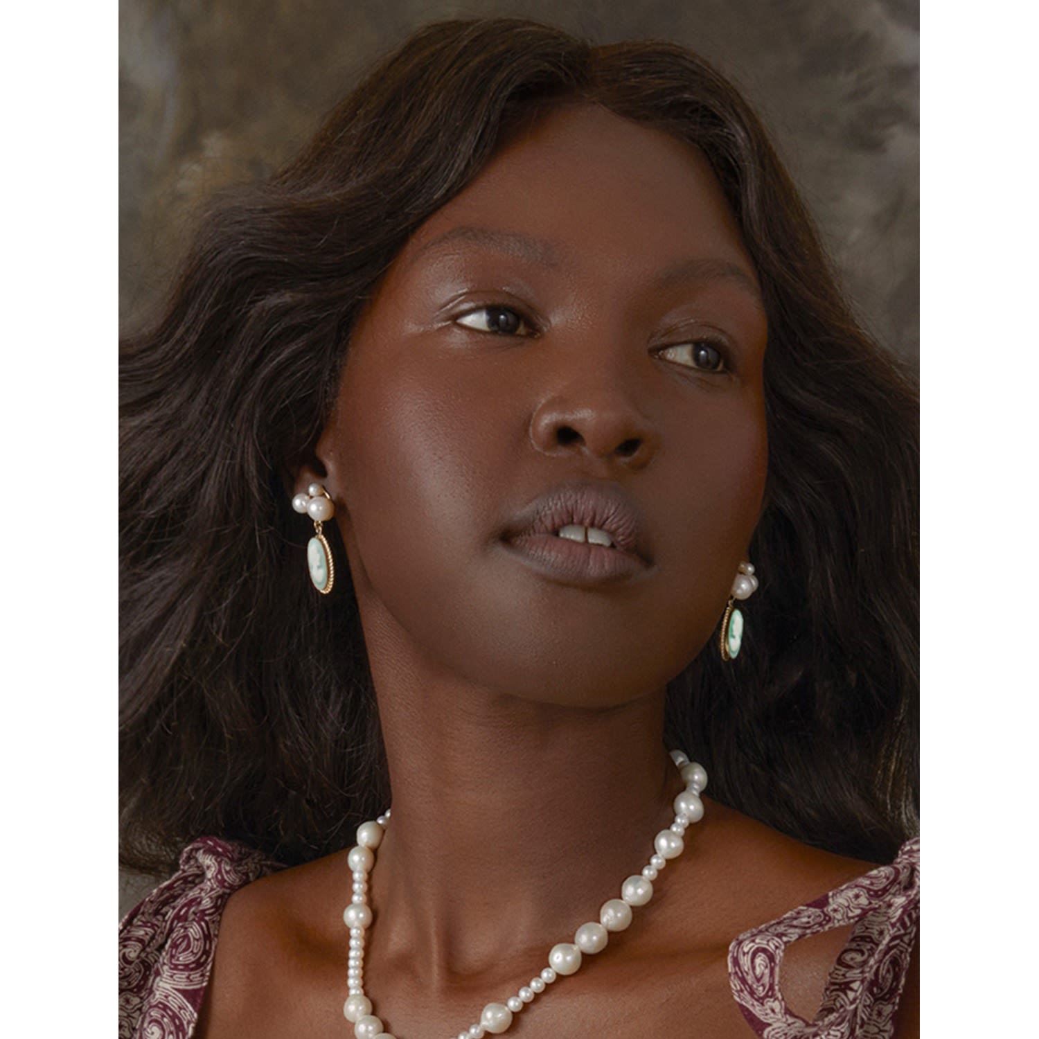 Lilith Gold-Plated Green Cameo And Pearl Stud Earrings