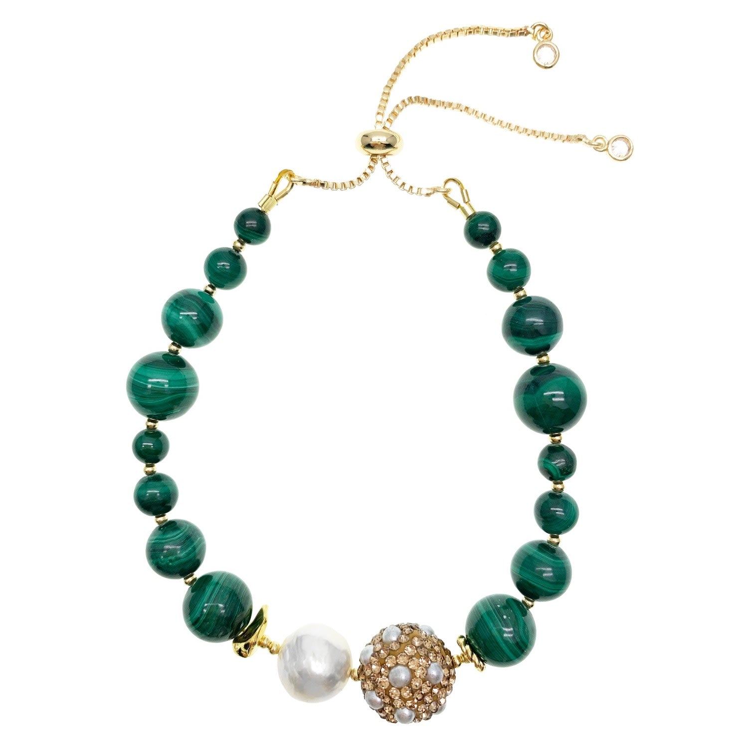 Malachite With Freshwater Pearl & Rhinestone Bracelet