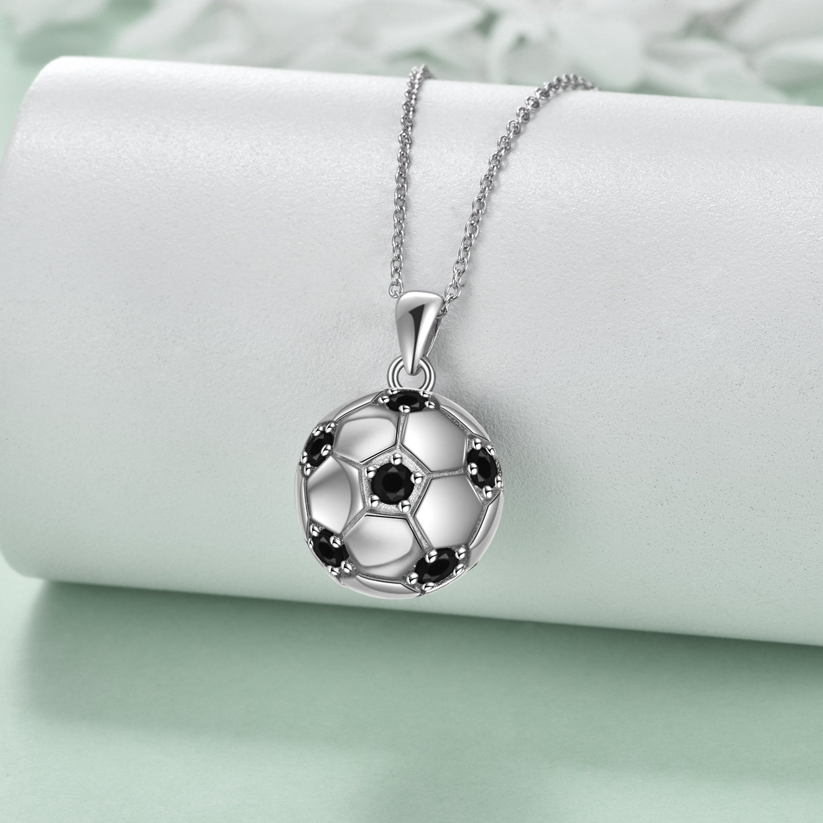 Sterling Silver Circular Cubic Zirconia Football Pendant Necklace for Women Men