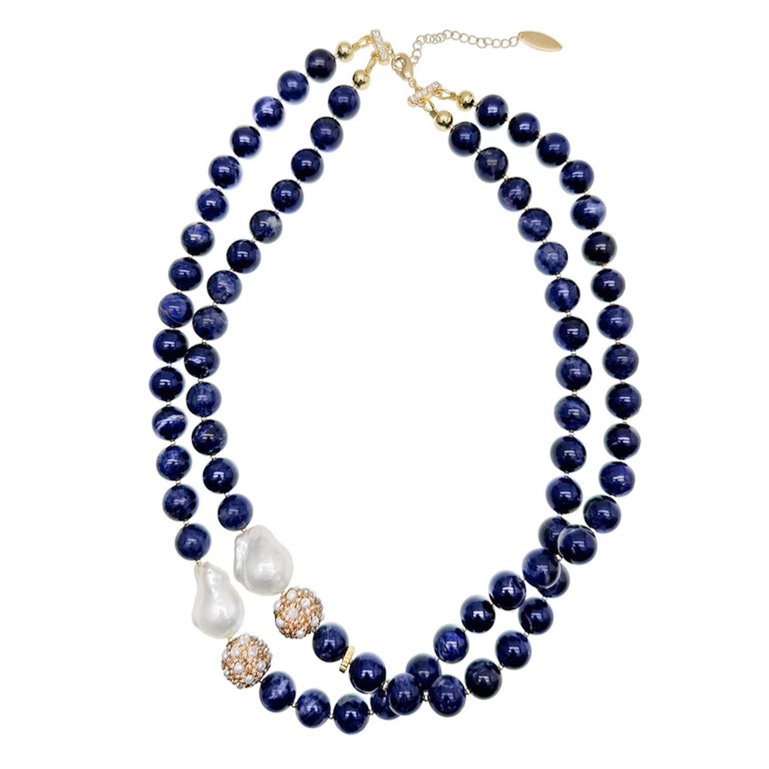 Sodalite With Baroque Pearl With Rhinestones Double Strands Necklace