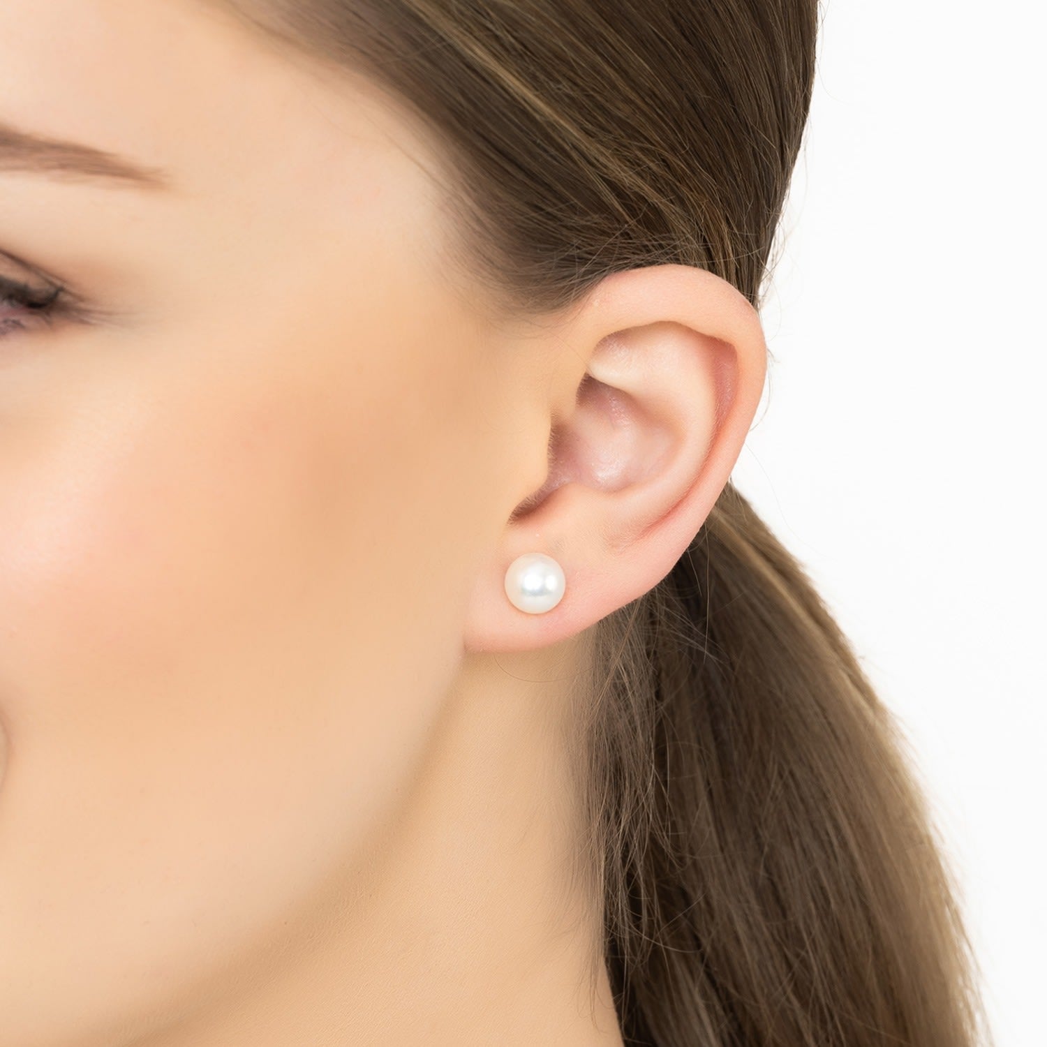 Solid 14K White Gold 8Mm Classic Natural Pearl Stud Earrings