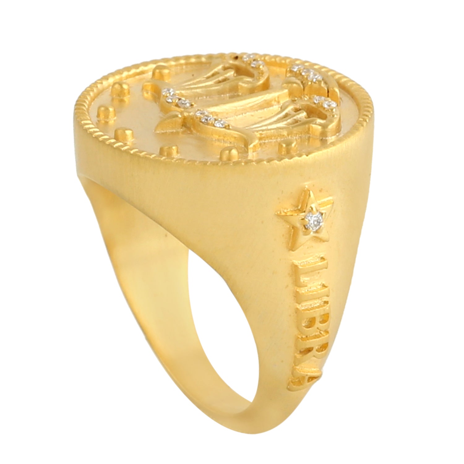 Solid 14k Yellow Gold Pave Diamond Libra Zodiac Astrology Signet Ring