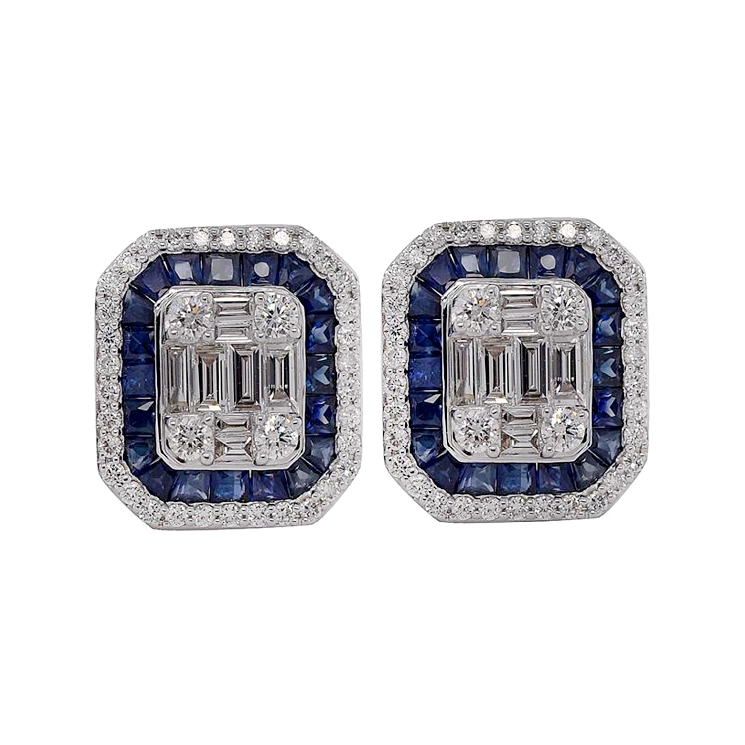 Blue Sapphire Gemstone & Baguette Diamond Stud Earrings In White Gold
