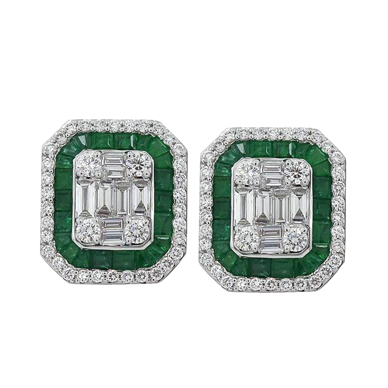 Emerald Gemstone & Baguette Diamond Stud Earrings In 18K White Gold