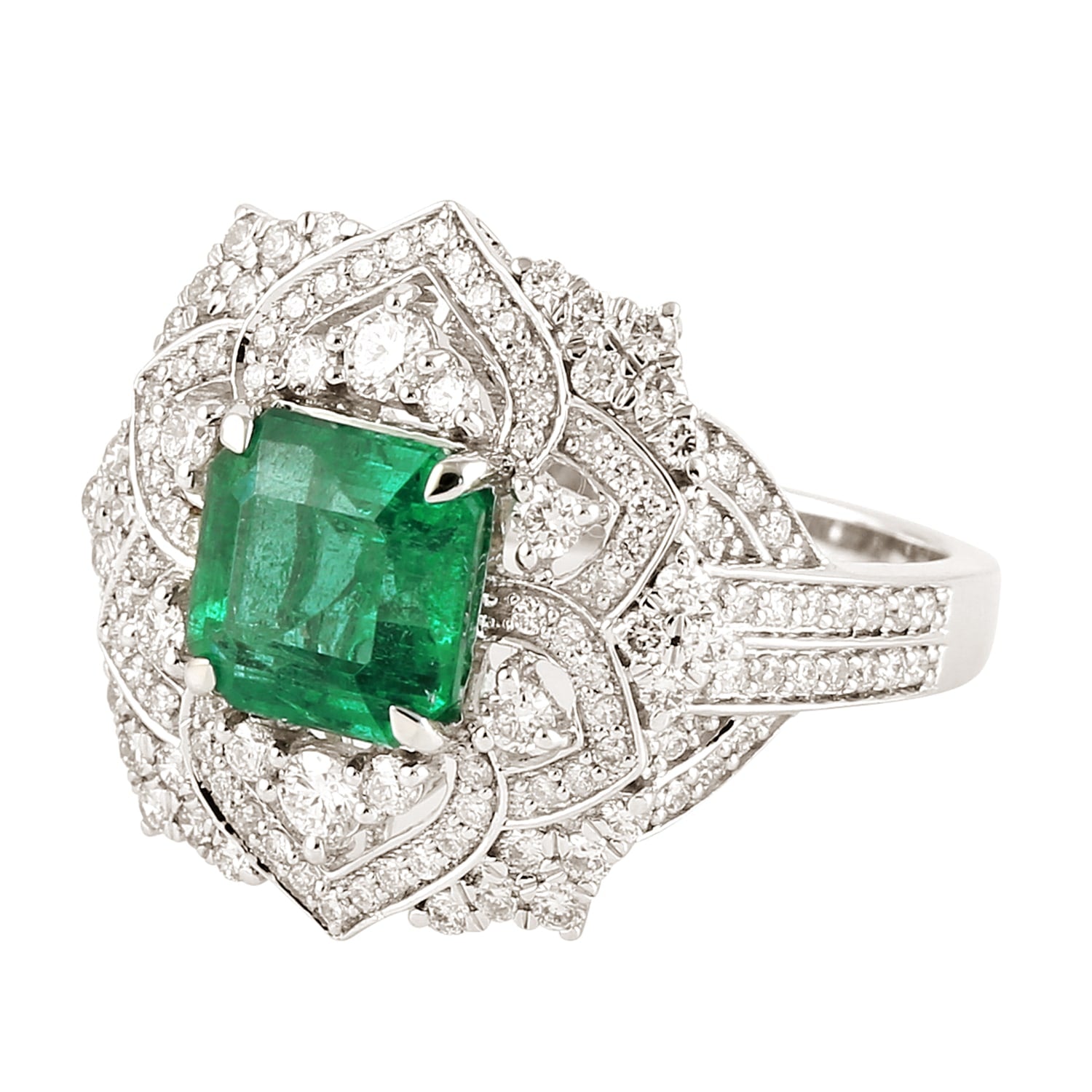 Emerald Gemstone & Diamond Cocktail Ring In 18K White Gold