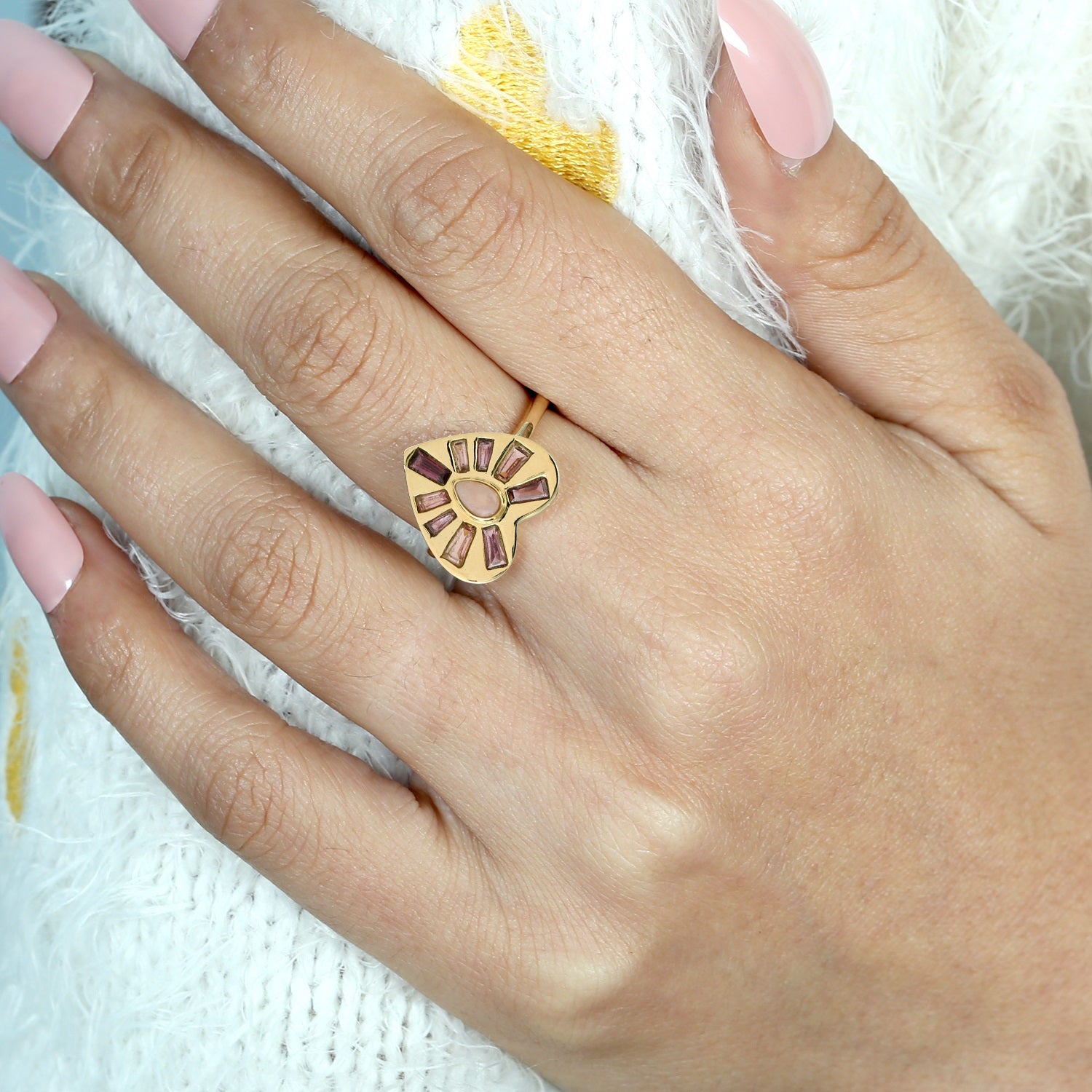 Solid 18k Yellow Gold In Bezel Set Baguette Multi Gemstone Heart Shape Cocktail Ring